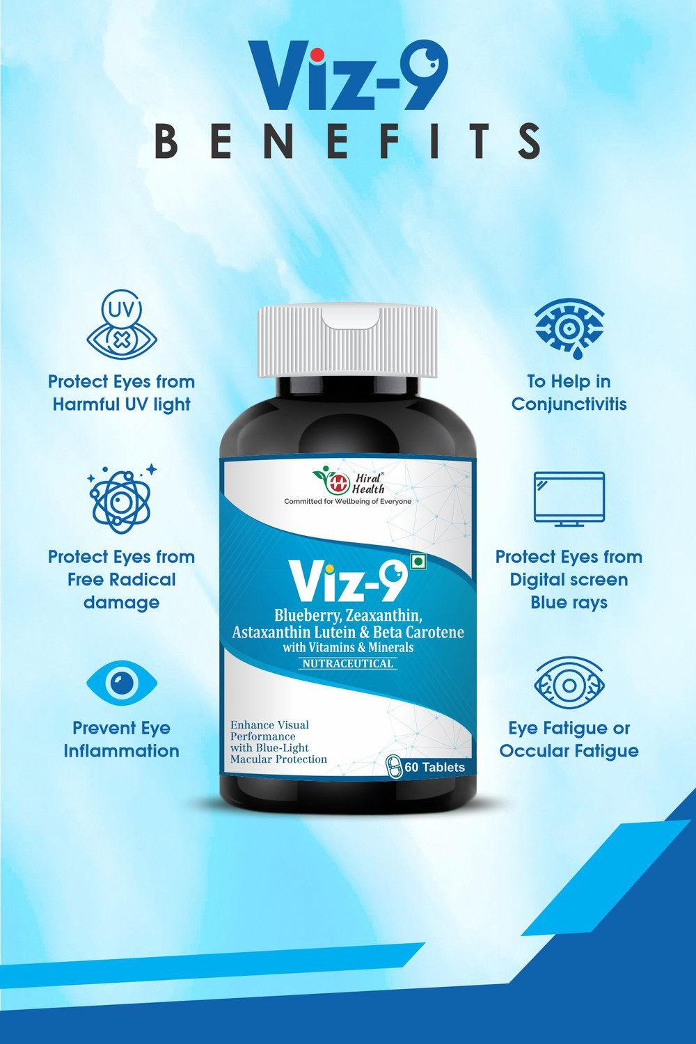 Image of Hiral Health Viz-9 Tablets: Eye Supplement with Vitamin A, Lutein, Zeaxanthin Vision Care