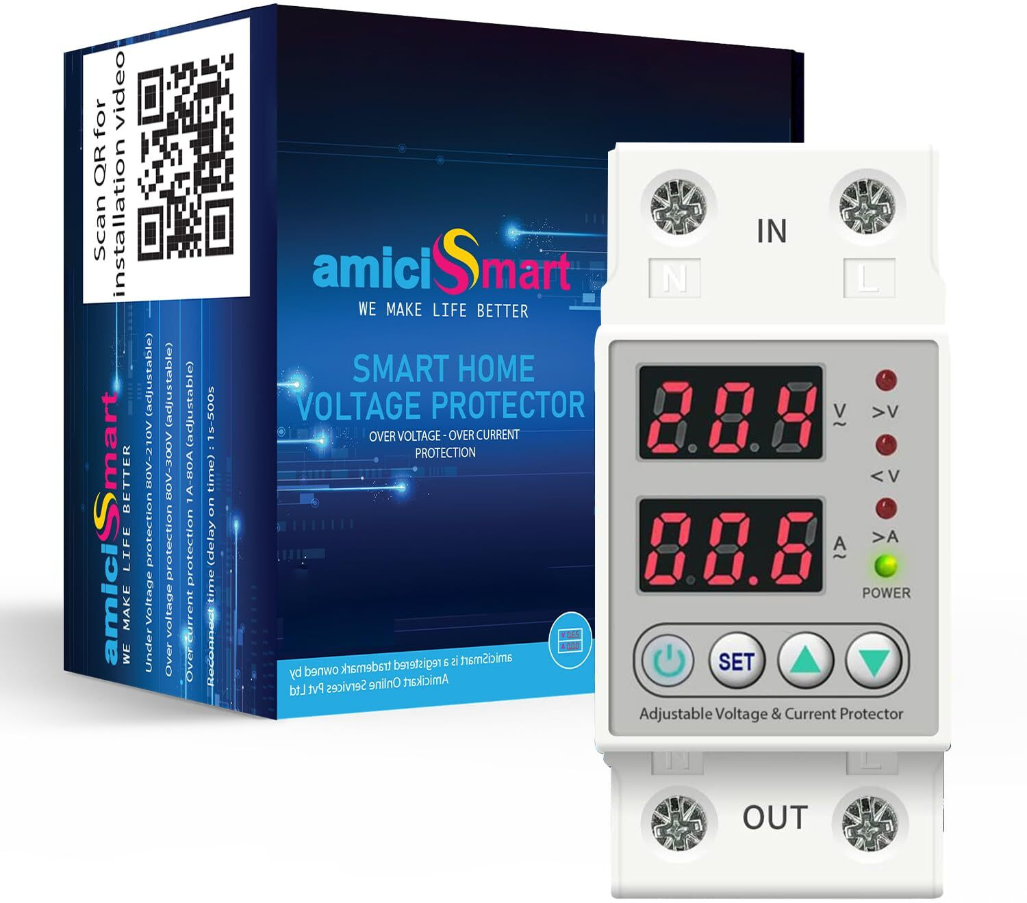 amiciSmart Automatic Over/Under Voltage (Adjustable Setting) Protection with Auto Re-Connect LED Display Standard Din-Rail Mounted Single Phase 220V, 63A Over/Under Voltage Protection