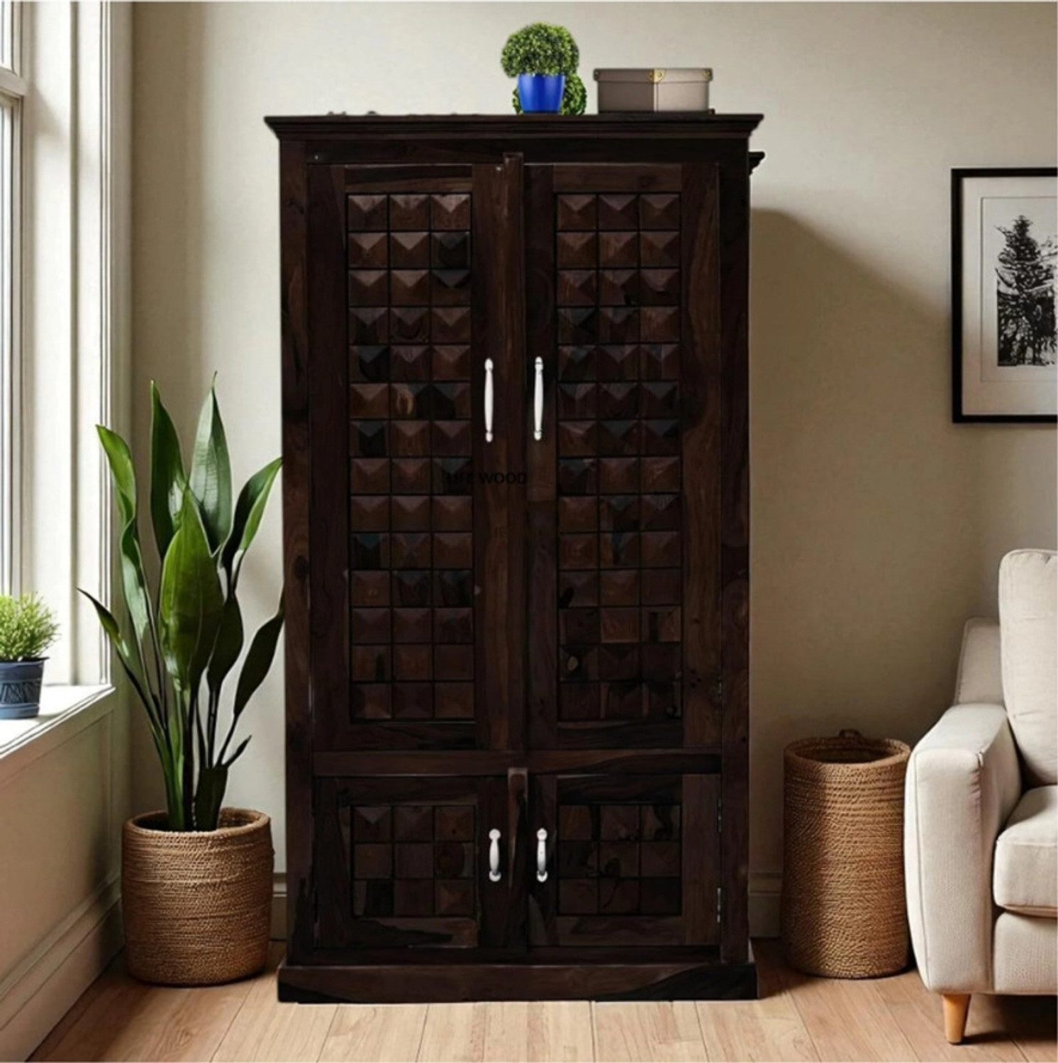 Image of THE ATTIC Solid Wood 2 Door Wardrobe (Finish Color - Honey, Pre-assembled)