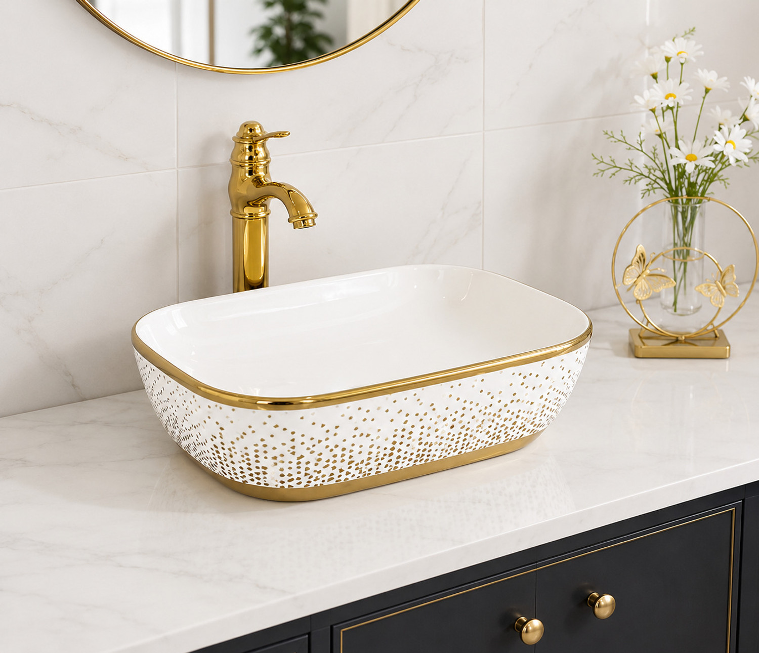 Image of CERAMICA CREATIONS CERAMICA Premium Designe Basin(L61 X W43 X H14Cm) HS 2203 CERAMIC TABLE TOP CERAMICA Premium Designer Basin(L61 X W43 X H14Cm) HS 2203 CERAMIC TABLE TOP Table Top Basin (WHITE, GOLDEN)