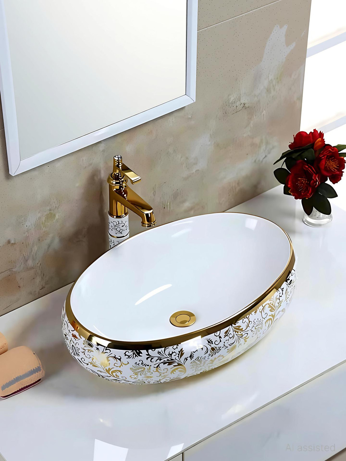 Image of CERAMICA CREATIONS CERAMICA Premium Designe Basin(L61 X W43 X H14Cm) HS 2203 CERAMIC TABLE TOP CERAMICA Premium Designer Basin(L61 X W43 X H14Cm) HS 2203 CERAMIC TABLE TOP Table Top Basin (WHITE, GOLDEN)
