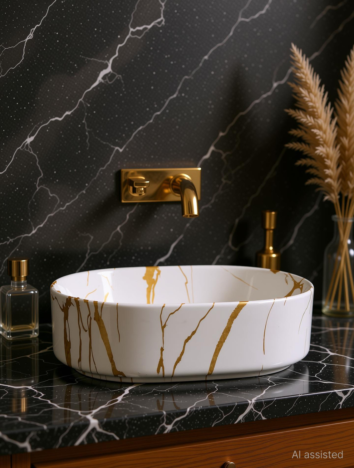 Image of CERAMICA CREATIONS CERAMICA Premium Designe Basin(L61 X W43 X H14Cm) HS 2203 CERAMIC TABLE TOP CERAMICA Premium Designer Basin(L61 X W43 X H14Cm) HS 2203 CERAMIC TABLE TOP Table Top Basin (WHITE, GOLDEN)