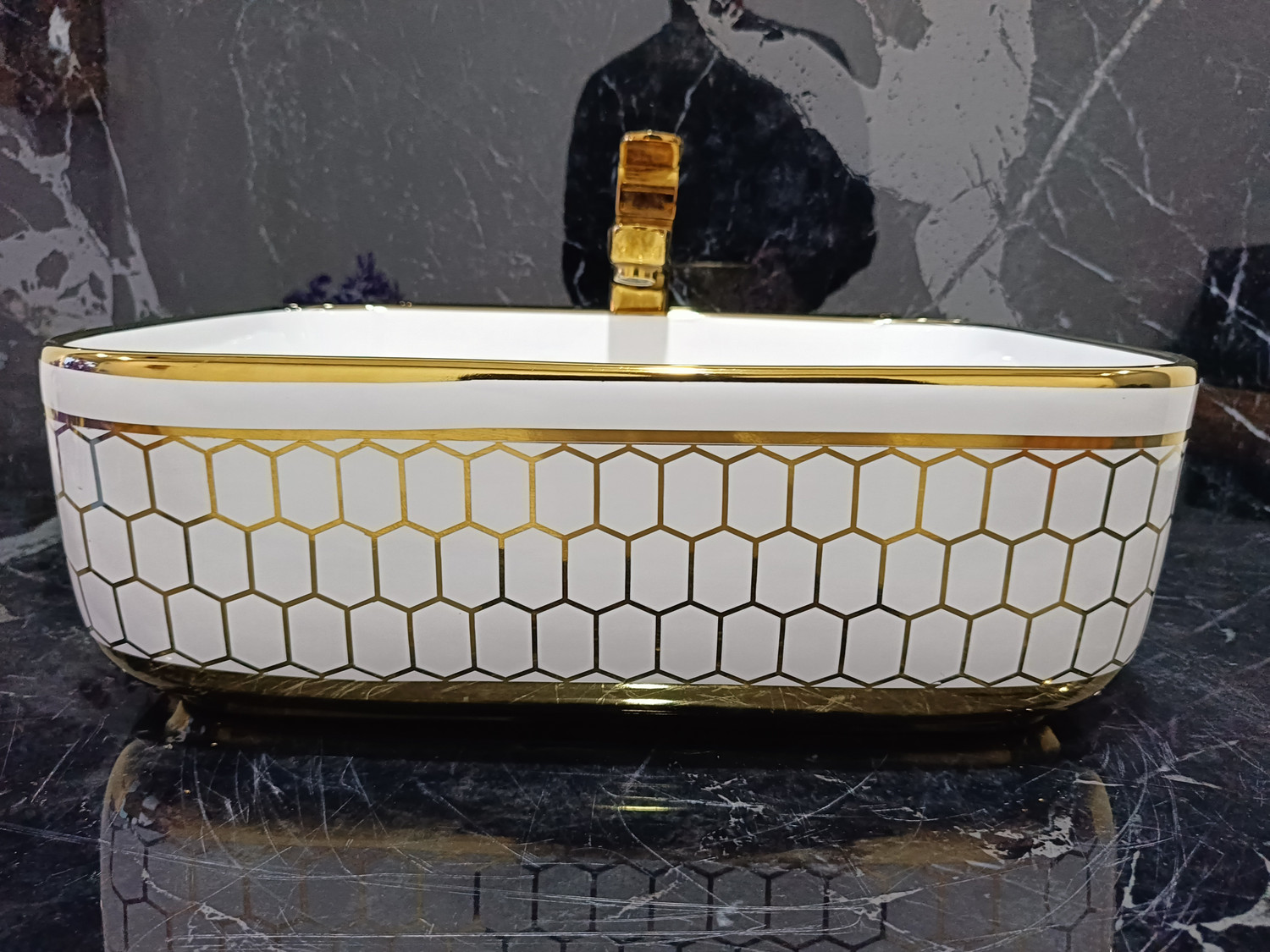 Image of CERAMICA CREATIONS CERAMICA Premium Designe Basin(L61 X W43 X H14Cm) HS 2203 CERAMIC TABLE TOP CERAMICA Premium Designer Basin(L61 X W43 X H14Cm) HS 2203 CERAMIC TABLE TOP Table Top Basin (WHITE, GOLDEN)