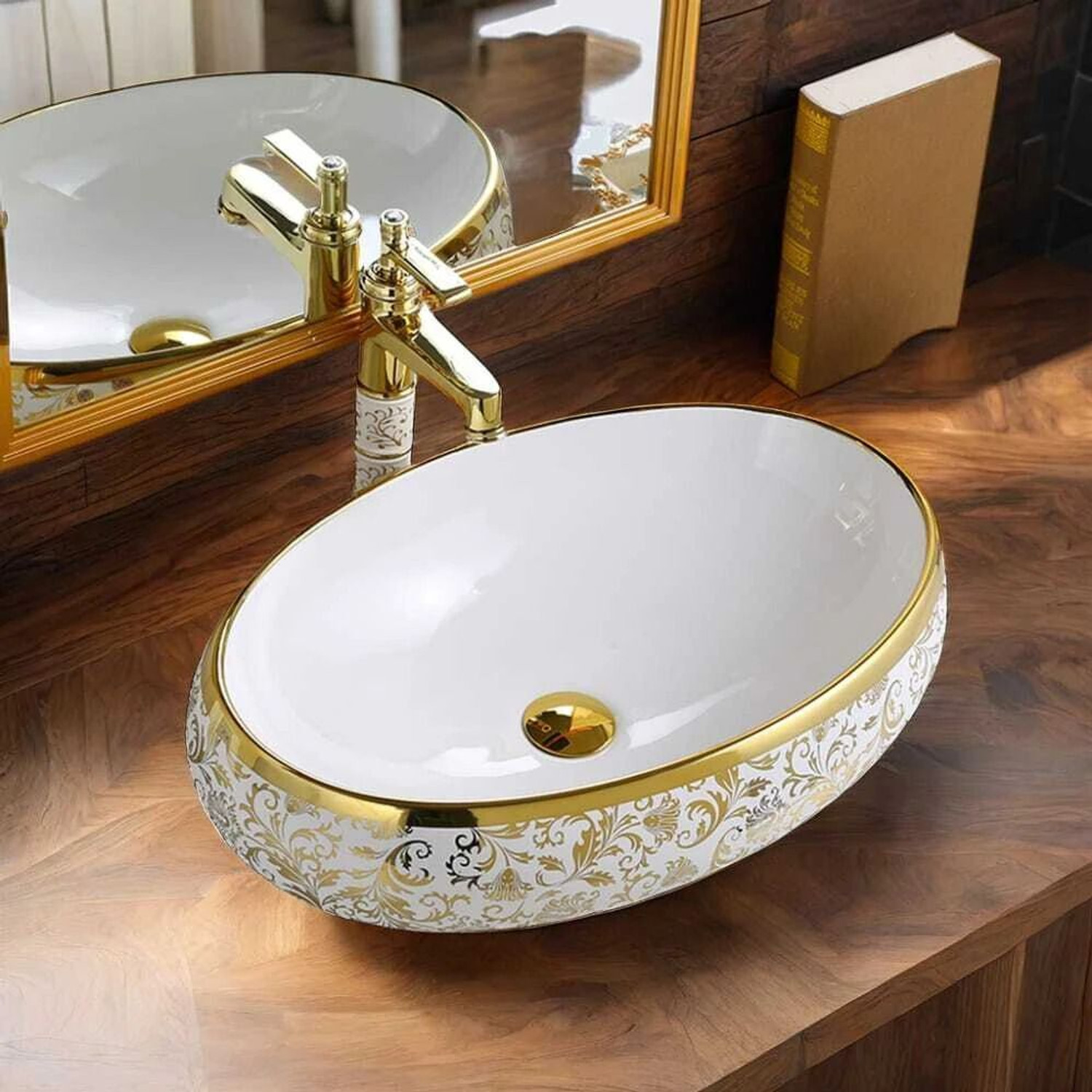 Image of CERAMICA CREATIONS CERAMICA Premium Designe Basin(L61 X W43 X H14Cm) HS 2203 CERAMIC TABLE TOP CERAMICA Premium Designer Basin(L61 X W43 X H14Cm) HS 2203 CERAMIC TABLE TOP Table Top Basin (WHITE, GOLDEN)