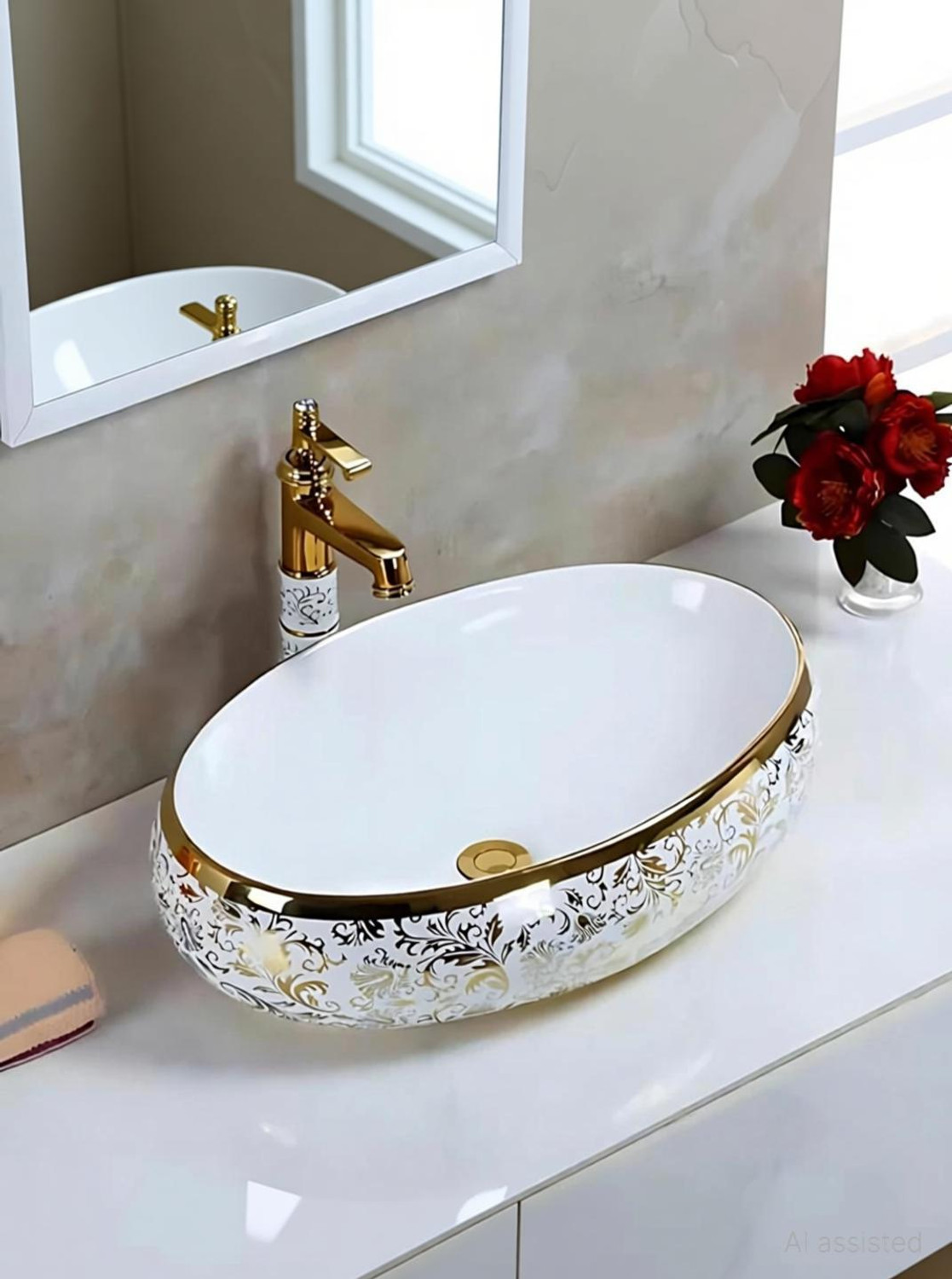 Image of CERAMICA CREATIONS CERAMICA Premium Designe Basin(L61 X W43 X H14Cm) HS 2203 CERAMIC TABLE TOP CERAMICA Premium Designer Basin(L61 X W43 X H14Cm) HS 2203 CERAMIC TABLE TOP Table Top Basin (WHITE, GOLDEN)