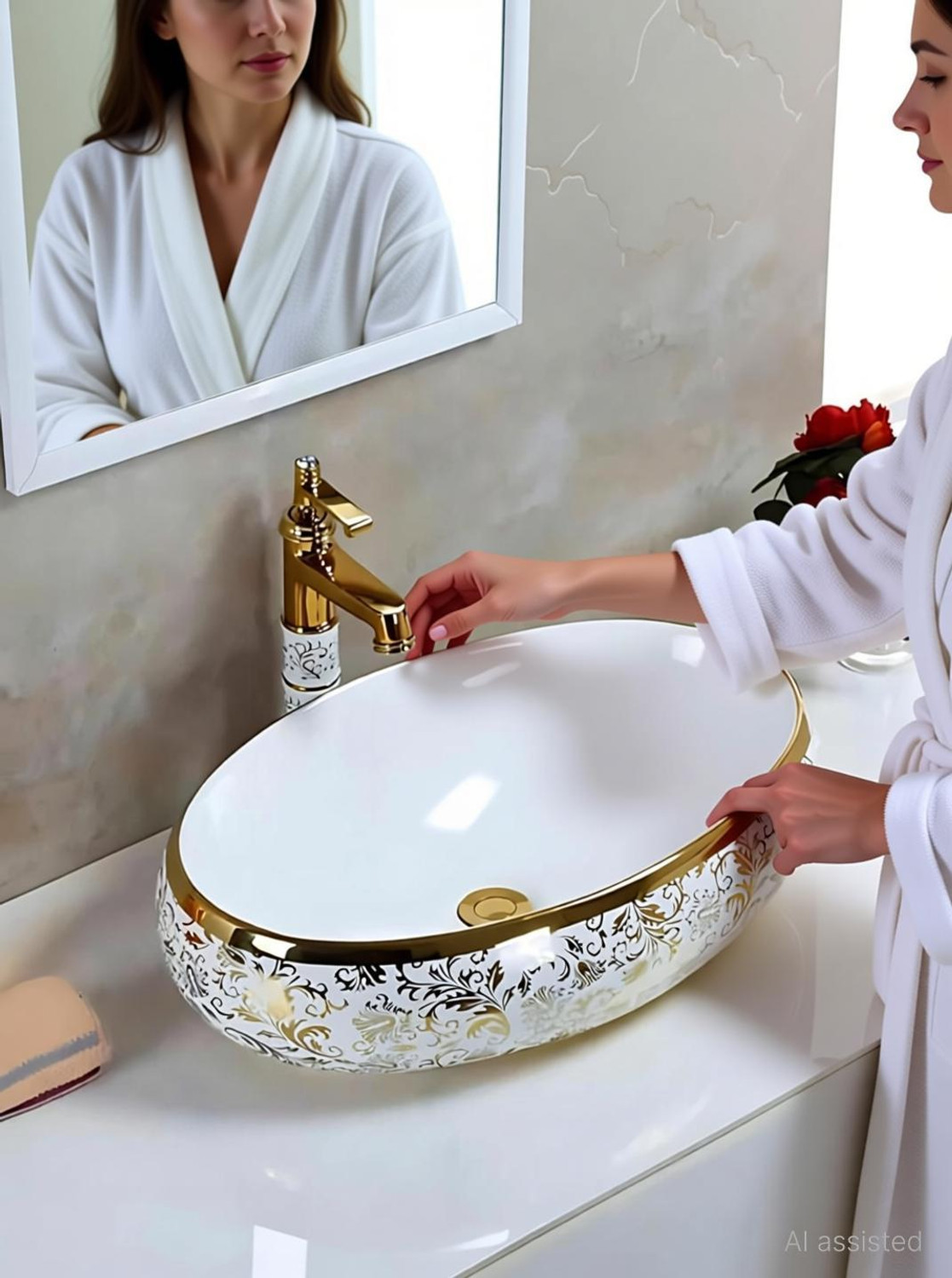 Image of CERAMICA CREATIONS CERAMICA Premium Designe Basin(L61 X W43 X H14Cm) HS 2203 CERAMIC TABLE TOP CERAMICA Premium Designer Basin(L61 X W43 X H14Cm) HS 2203 CERAMIC TABLE TOP Table Top Basin (WHITE, GOLDEN)