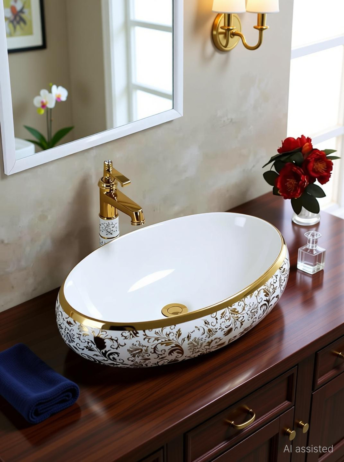 Image of CERAMICA CREATIONS CERAMICA Premium Designe Basin(L61 X W43 X H14Cm) HS 2203 CERAMIC TABLE TOP CERAMICA Premium Designer Basin(L61 X W43 X H14Cm) HS 2203 CERAMIC TABLE TOP Table Top Basin (WHITE, GOLDEN)
