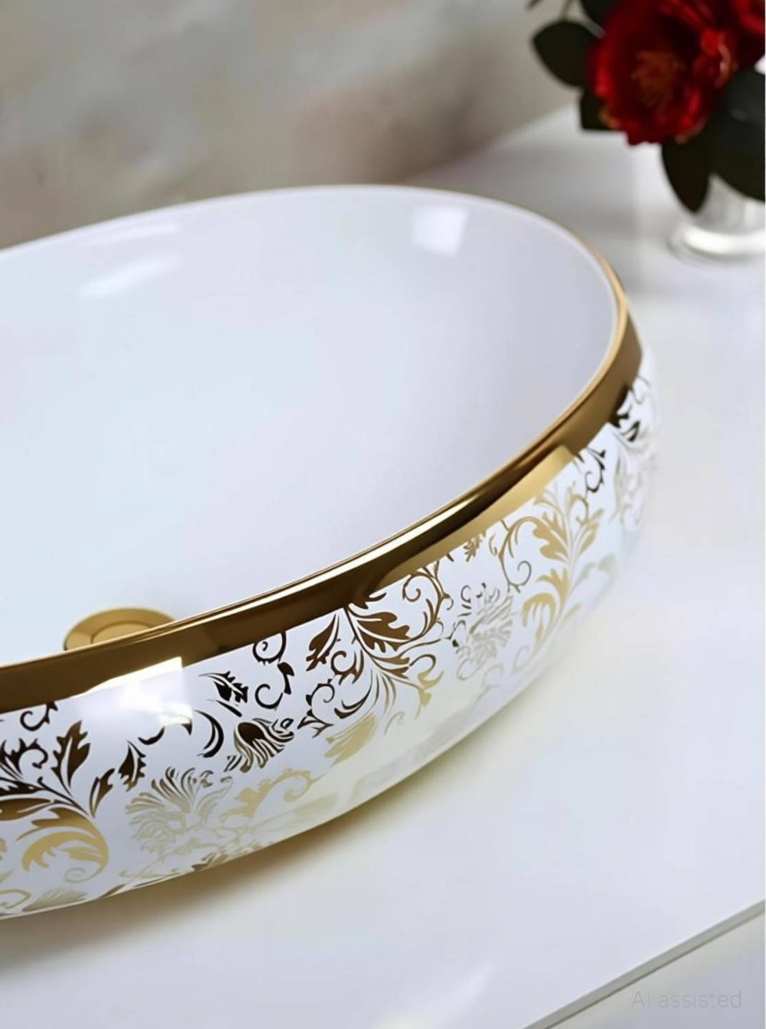 Image of CERAMICA CREATIONS CERAMICA Premium Designe Basin(L61 X W43 X H14Cm) HS 2203 CERAMIC TABLE TOP CERAMICA Premium Designer Basin(L61 X W43 X H14Cm) HS 2203 CERAMIC TABLE TOP Table Top Basin (WHITE, GOLDEN)