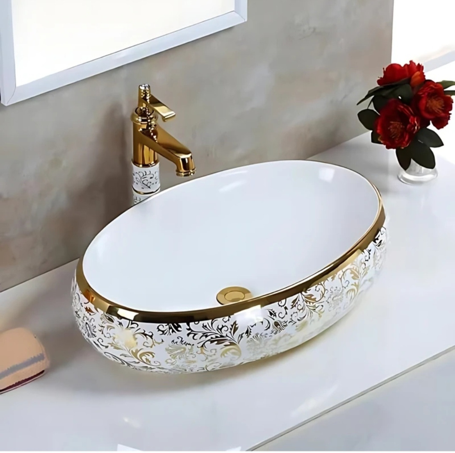 Image of CERAMICA CREATIONS CERAMICA Premium Designe Basin(L61 X W43 X H14Cm) HS 2203 CERAMIC TABLE TOP CERAMICA Premium Designer Basin(L61 X W43 X H14Cm) HS 2203 CERAMIC TABLE TOP Table Top Basin (WHITE, GOLDEN)