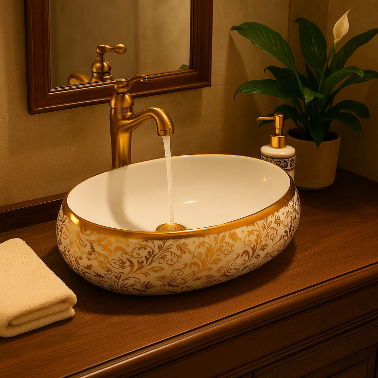 Image of CERAMICA CREATIONS CERAMICA Premium Designe Basin(L61 X W43 X H14Cm) HS 2203 CERAMIC TABLE TOP CERAMICA Premium Designer Basin(L61 X W43 X H14Cm) HS 2203 CERAMIC TABLE TOP Table Top Basin (WHITE, GOLDEN)