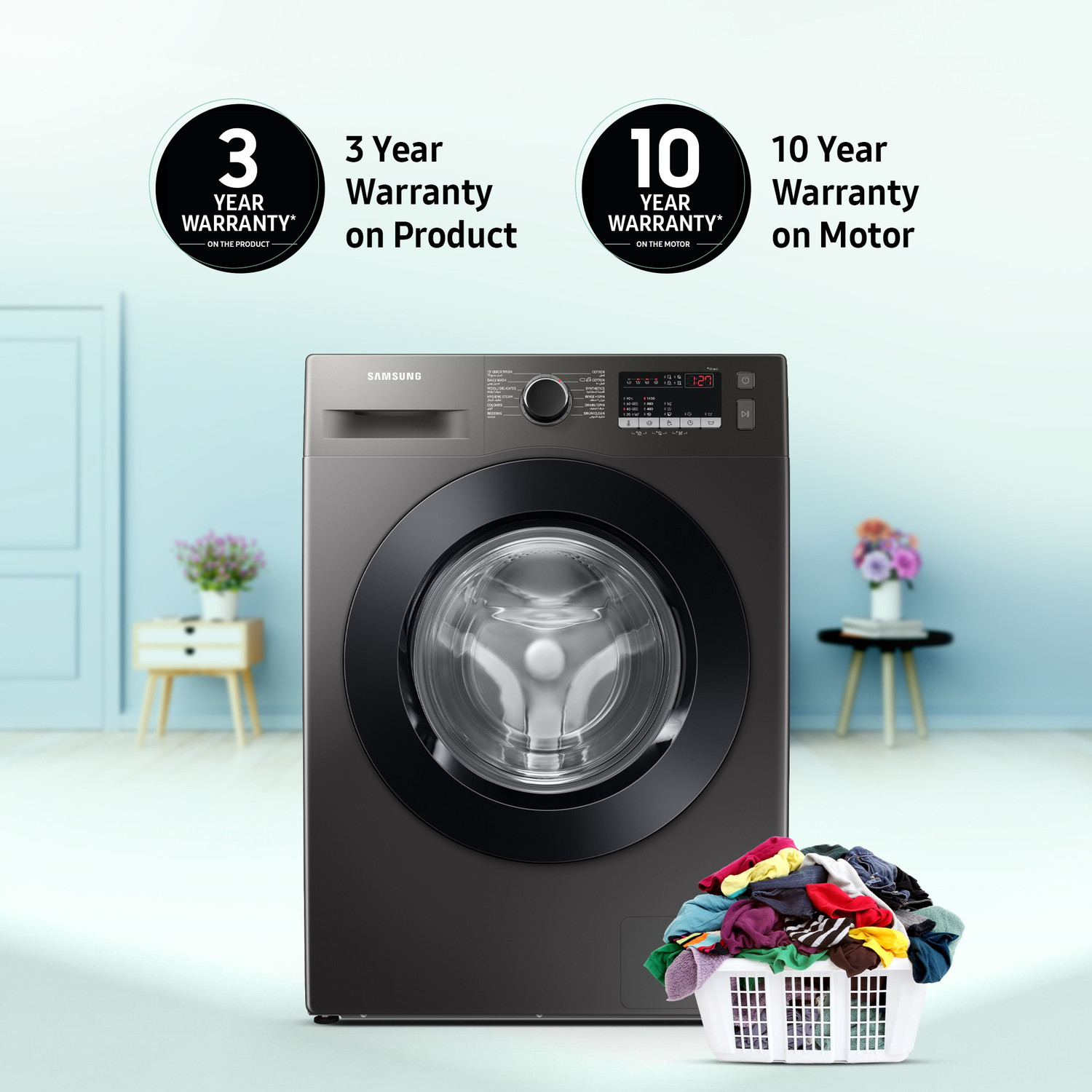 Image of Samsung 8 kg 5 Star, Digital Inverter Motor,Hygiene Steam, Fully Automatic Front Load Washing Machine with In-built Heater Black