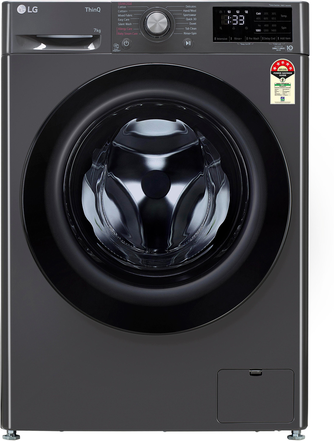 Image of LG 7 kg 5 star AI Direct Drive Washer with Steam and ThinQWi-Fi Enabled Fully Automatic Front Load Washing Machine with In-built Heater Grey (FHV1207Z4M)