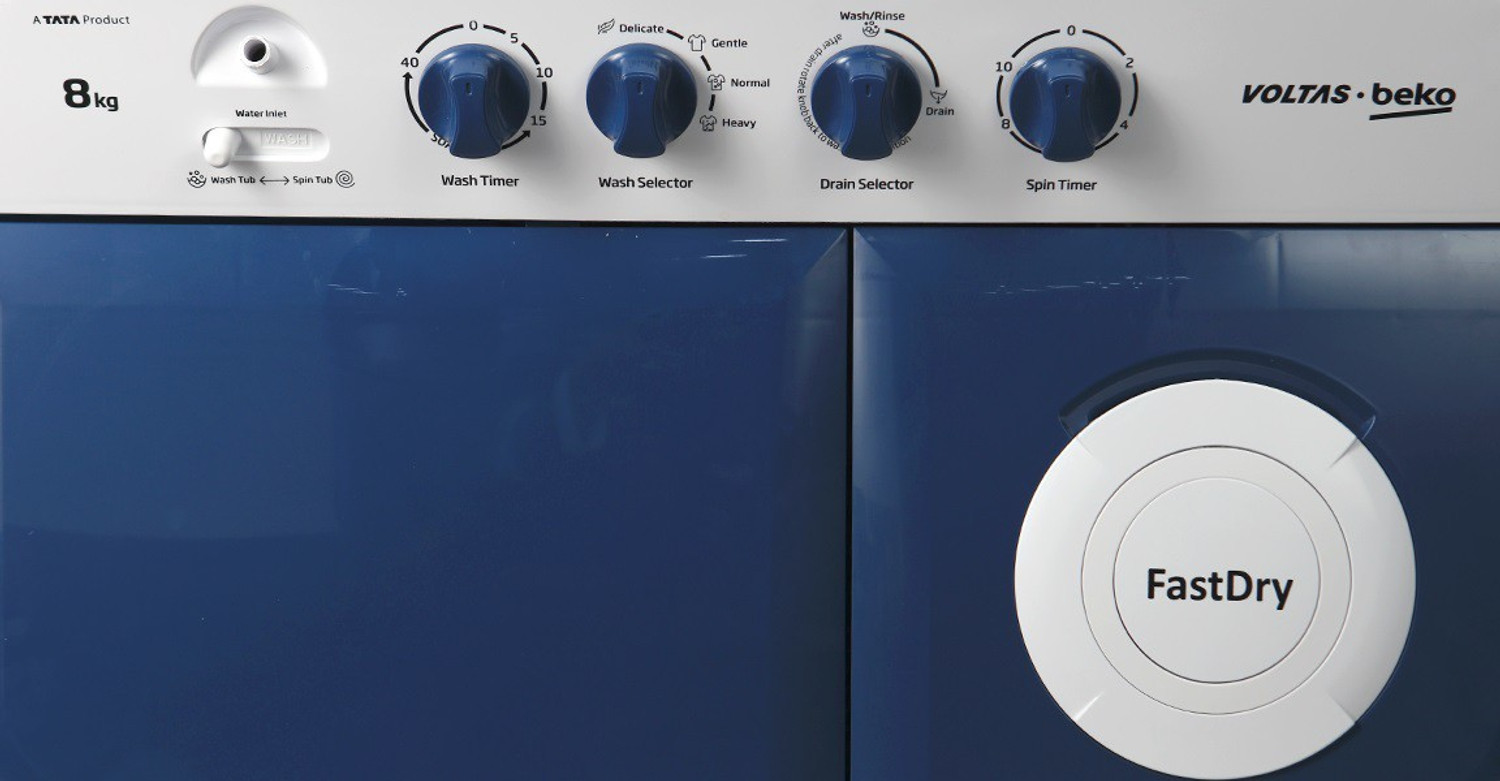 Image of Voltas Beko by A Tata Product 8 kg with Fast Dry, Double Waterfall, 5 Wing Pulsator Semi Automatic Top Load Washing Machine Blue, White