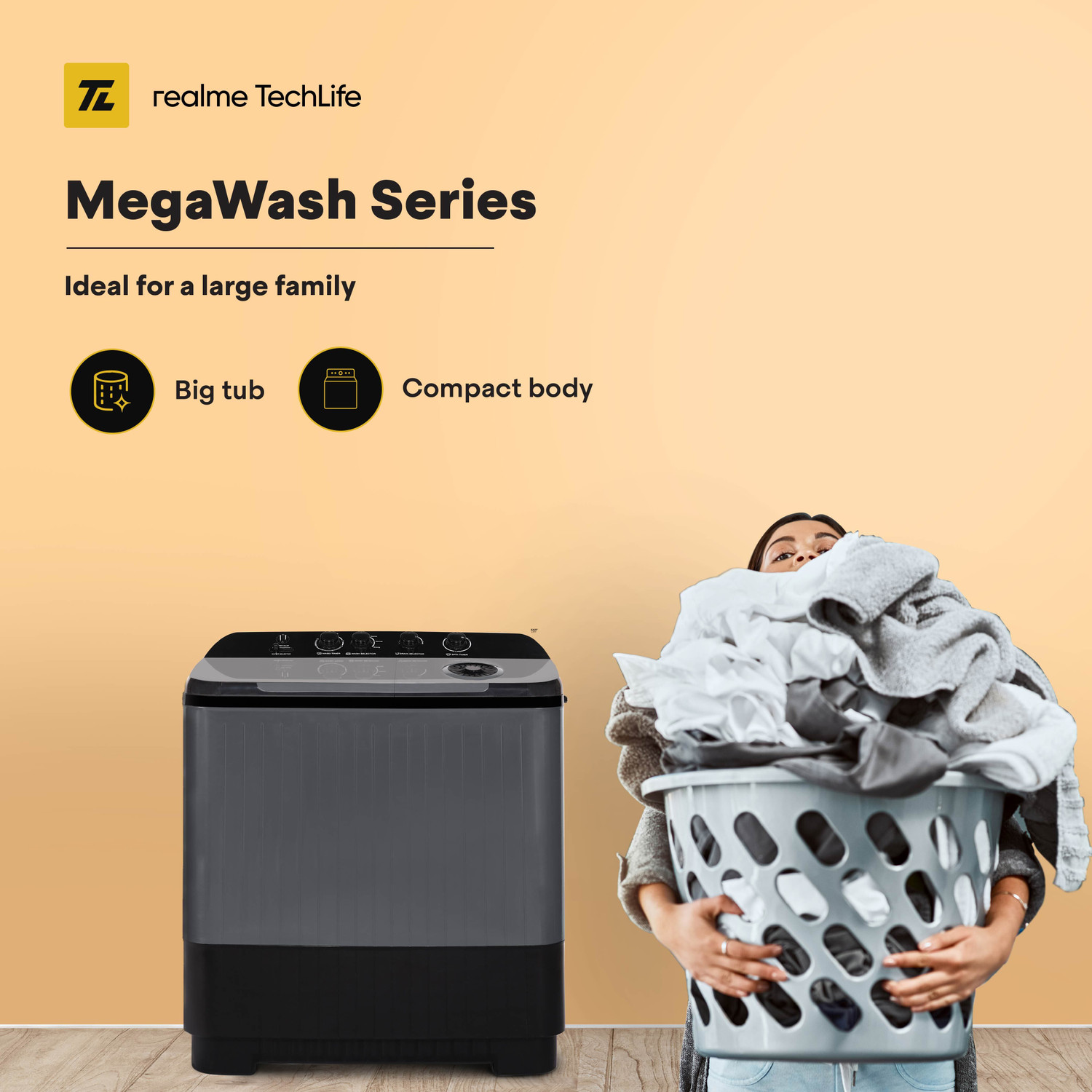 Image of realme TechLife 10 kg 5 Star rating Semi Automatic Top Load Washing Machine Black, Grey