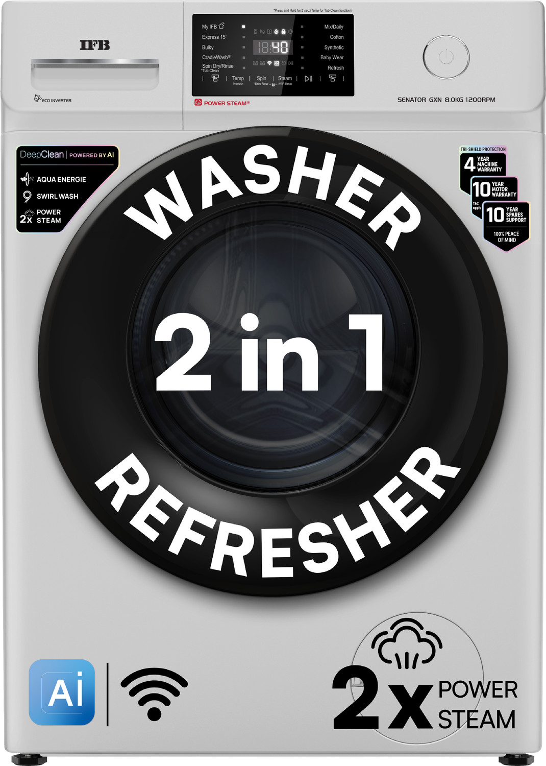 IFB 8 kg 5 Star with Steam Refresh program, 9 Swirl Wash, Eco Inverter, Touch Panel with AI Fully Automatic Front Load Washing Machine with In-built H...