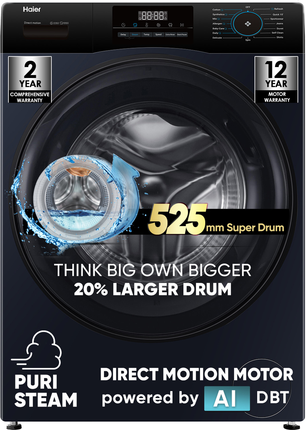 Haier 9 kg Fully Automatic Front Load Washing Machine with In-built Heater Black, Blue