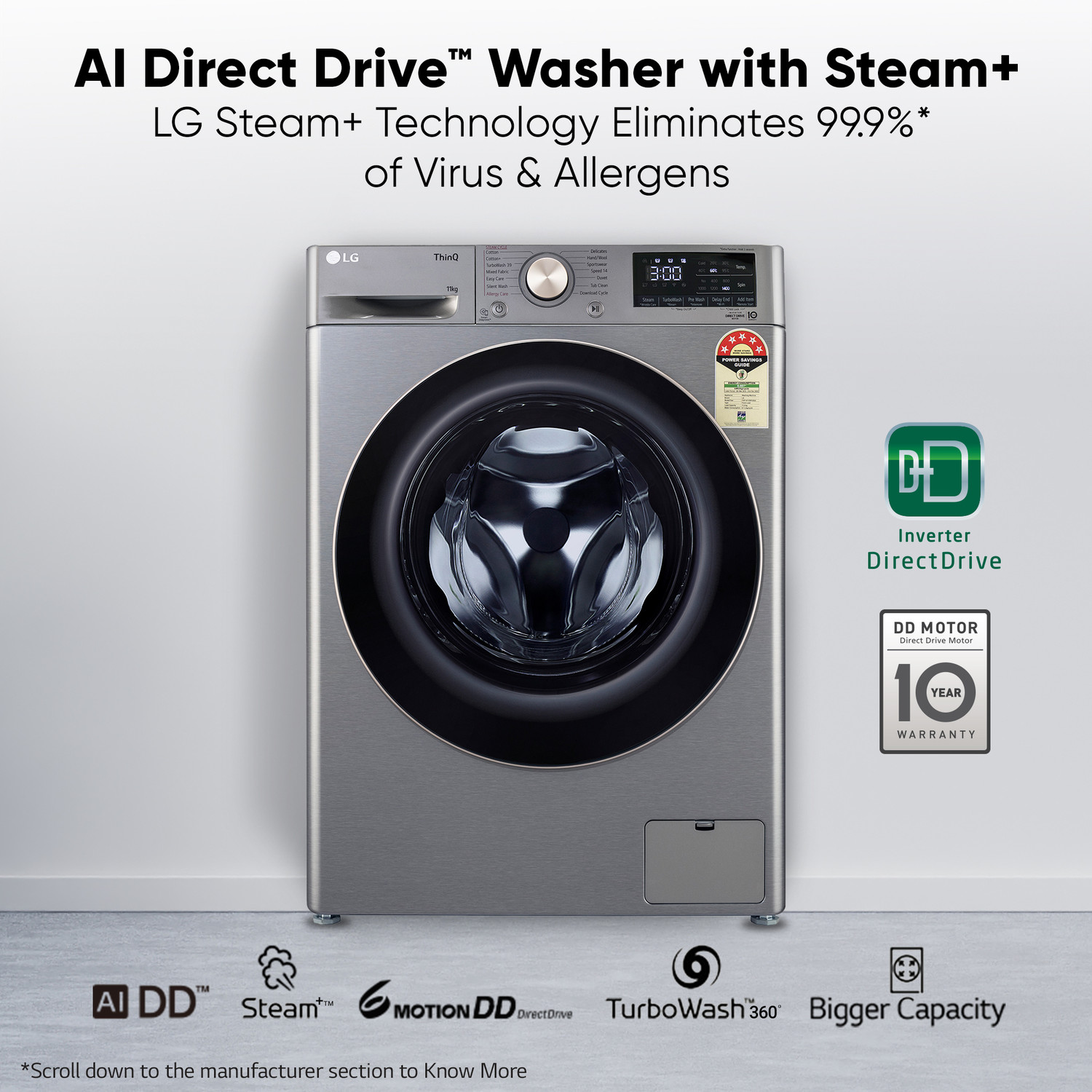 Image of LG 11 kg 5 Star, AI Direct Drive Technology, 6 Motion DD, Steam, Wi-Fi Enabled, Wrinkle Care Fully Automatic Front Load Washing Machine Silver (FHP1411Z9P)