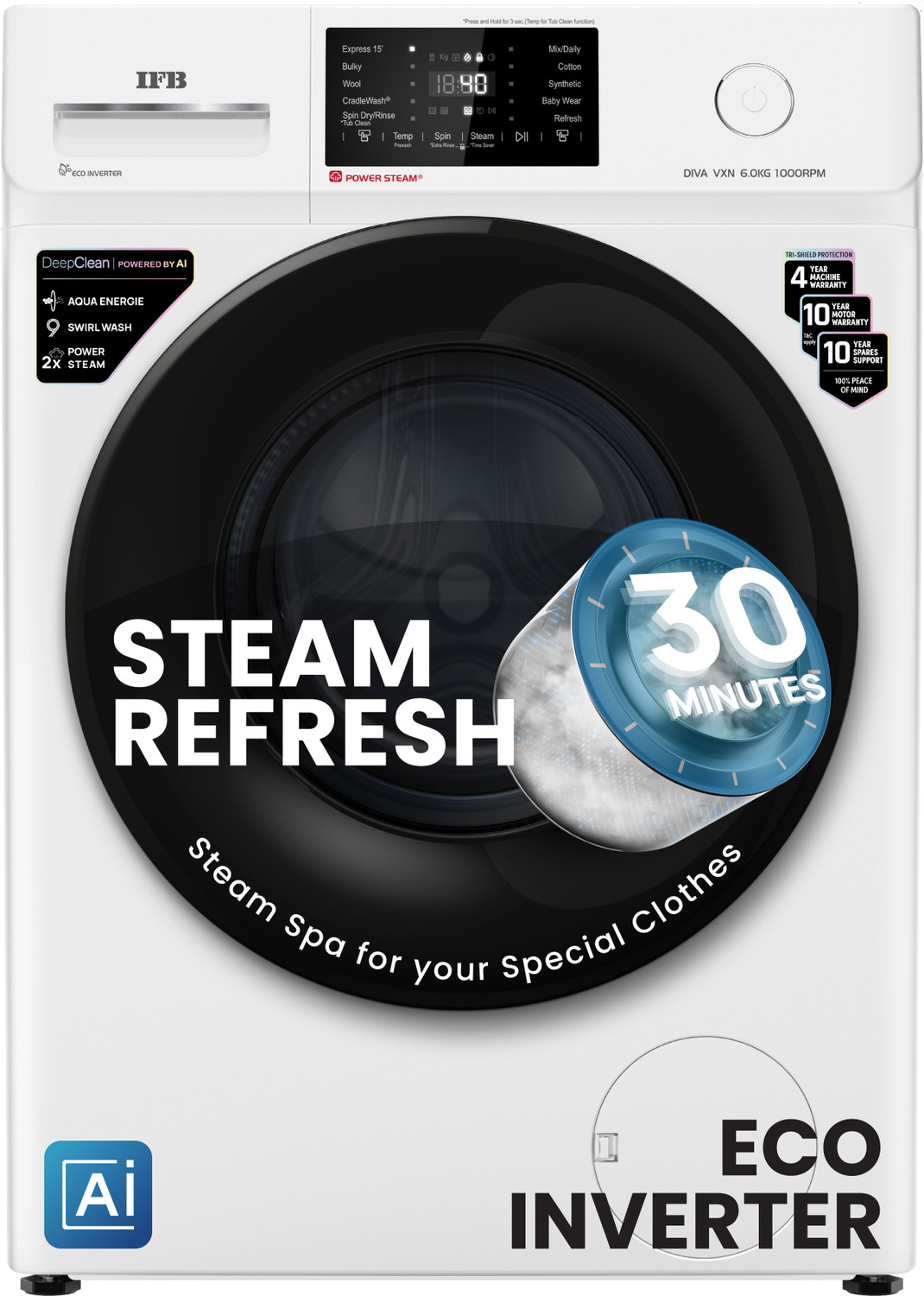 IFB 6 kg 5 Star with Steam Refresh program, 9 Swirl Wash, Eco Inverter, Powered by AI with Power Steam Fully Automatic Front Load Washing Machine with...