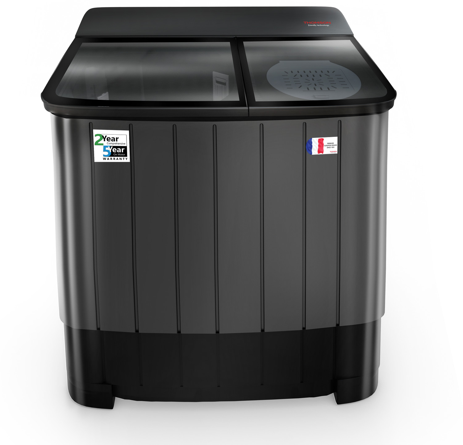 Image of Thomson 12 kg 5 Star Aqua Magic Toughen Glass with soft closure, Double Waterfall, Detergent Box,� Water Level Selector, 3D Rollers Technology, Collar Scrubber, Turbo Dry Technology, Semi Automatic Top Load Washing Machine Black