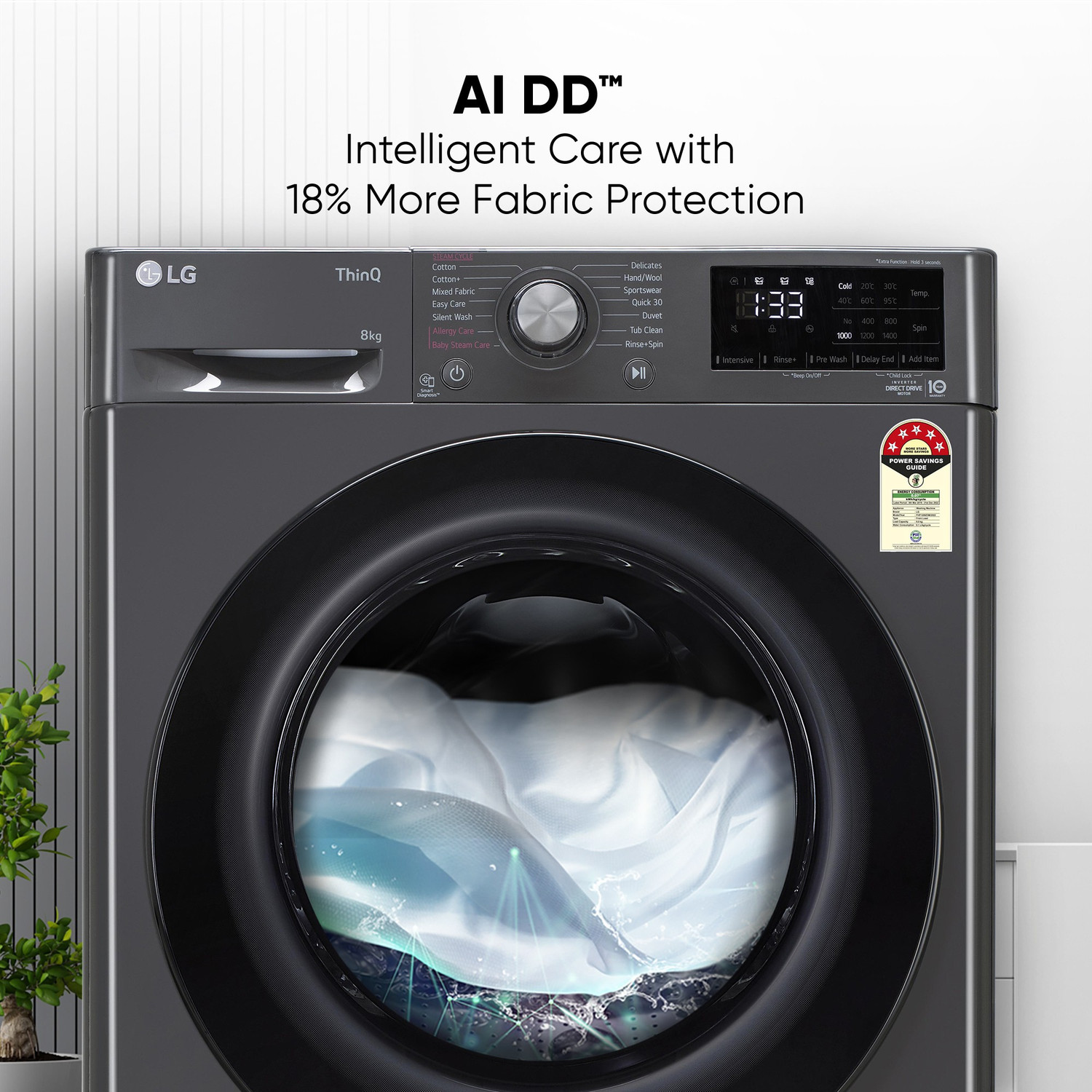 Image of LG 8 kg Wi-Fi Enabled Fully Automatic Front Load Washing Machine with In-built Heater Black, Grey (FHP1208Z5M)