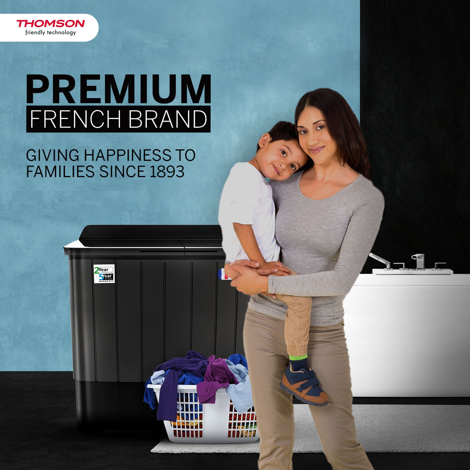 Image of Thomson 12 kg 5 Star Aqua Magic Toughen Glass with soft closure, Double Waterfall, Detergent Box,� Water Level Selector, 3D Rollers Technology, Collar Scrubber, Turbo Dry Technology, Semi Automatic Top Load Washing Machine Black