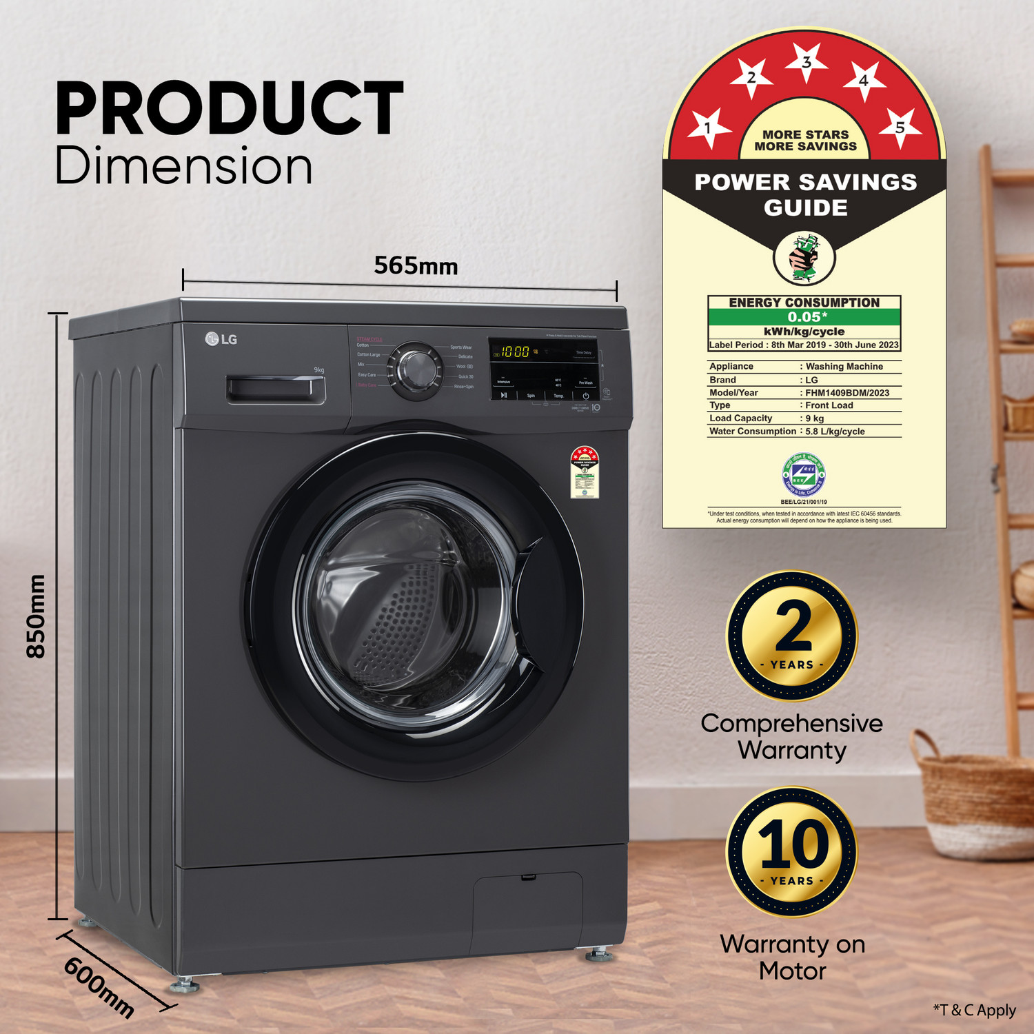 Image of LG 9 kg 5 Star with Steam, Inverter Direct Drive, 6 Motion Direct Drive, Touch Panel and 1400 RPM Fully Automatic Front Load Washing Machine with In-built Heater Black