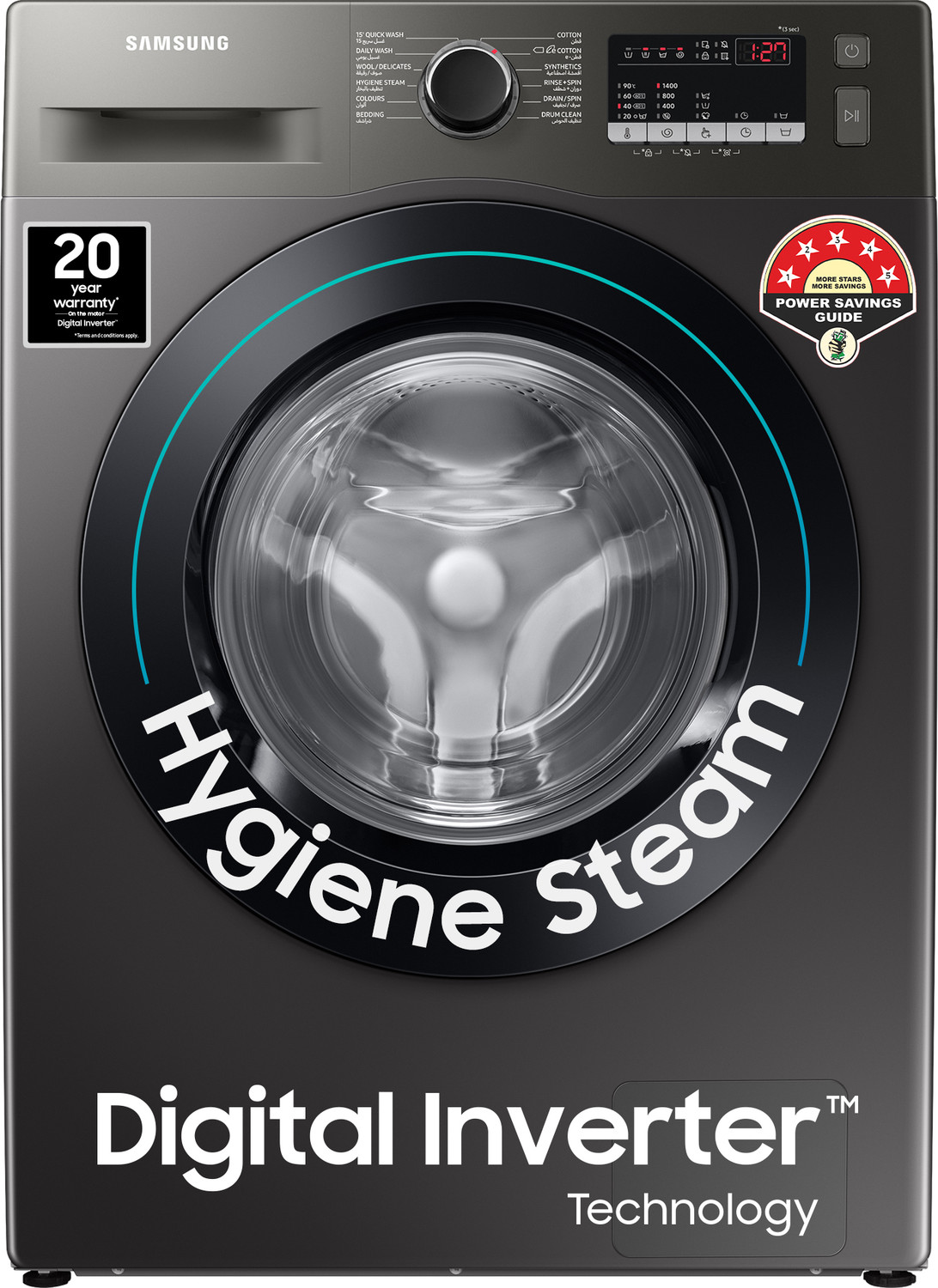 Image of Samsung 8 kg 5 Star, Digital Inverter Motor,Hygiene Steam, Fully Automatic Front Load Washing Machine with In-built Heater Black