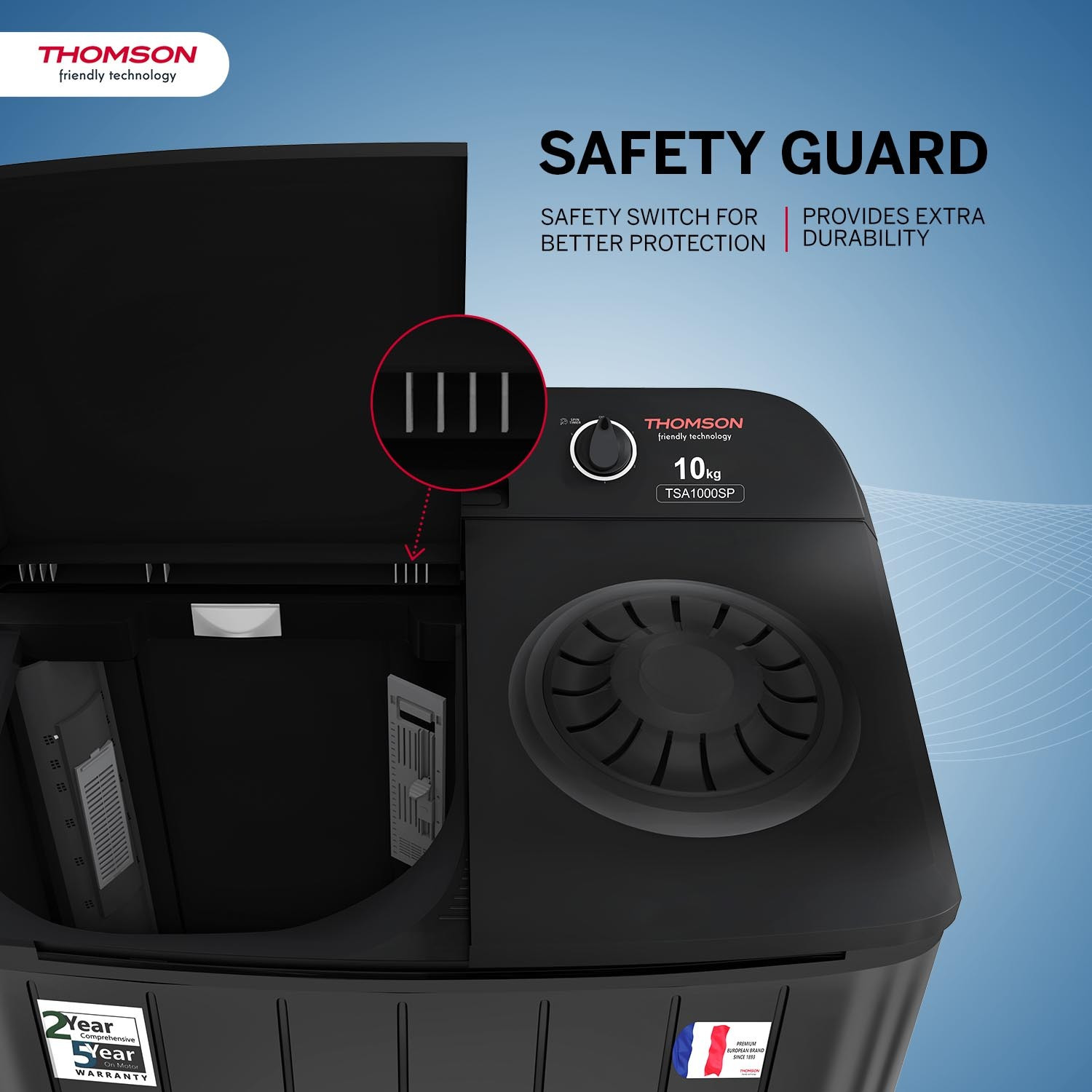 Image of Thomson 10 kg 5 Star Aqua Magic with Double Waterfall, Detergent Box, 3D Rollers Technology, Magic Filter, Collar Scrubber, Turbo Dry Technology, Semi Automatic Top Load Washing Machine Black