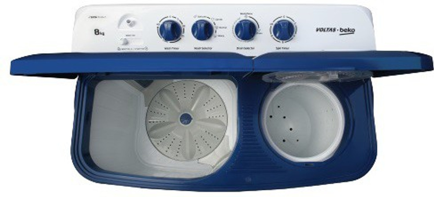 Image of Voltas Beko by A Tata Product 8 kg with Fast Dry, Double Waterfall, 5 Wing Pulsator Semi Automatic Top Load Washing Machine Blue, White