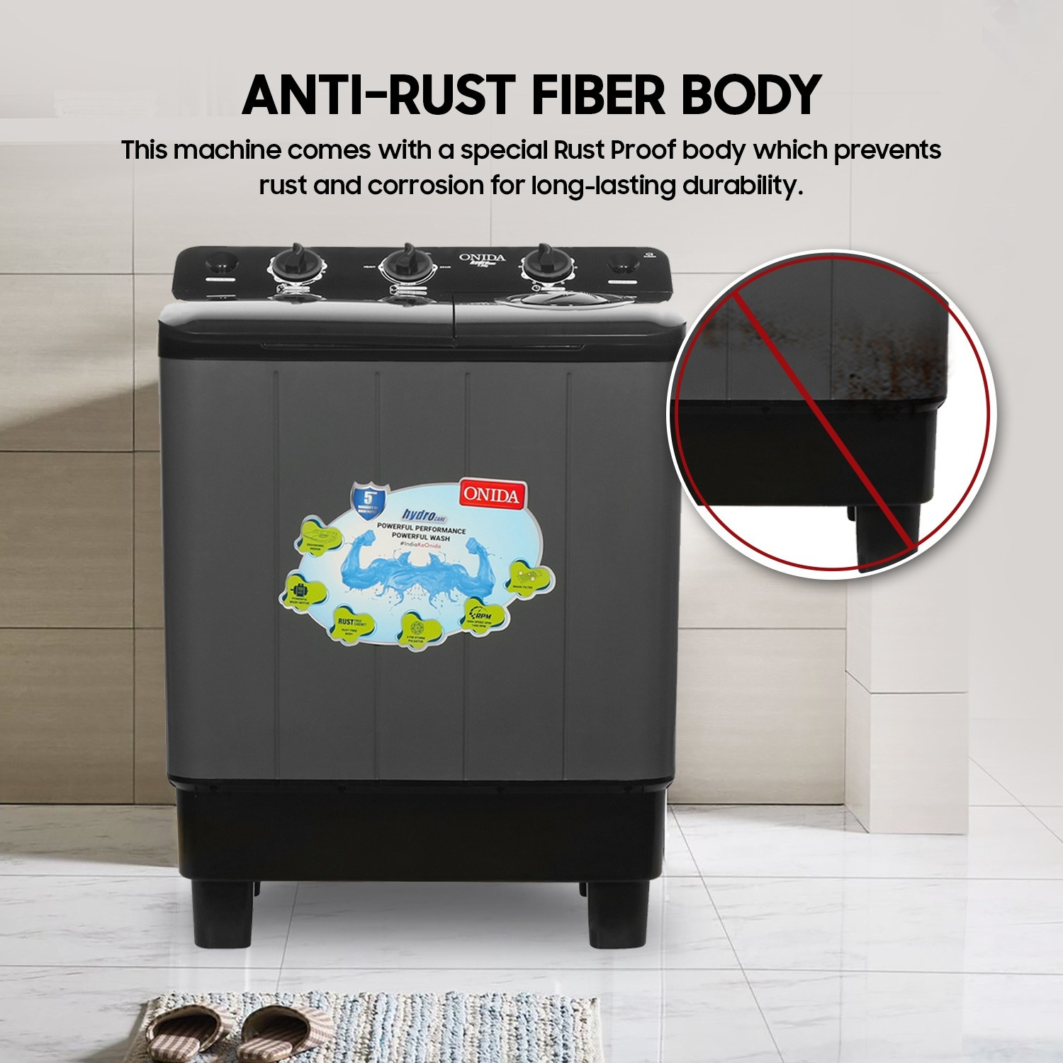 Image of ONIDA 7 kg 5 Star With Five-Fin Storm Pulsator Semi Automatic Top Load Washing Machine Black, Grey