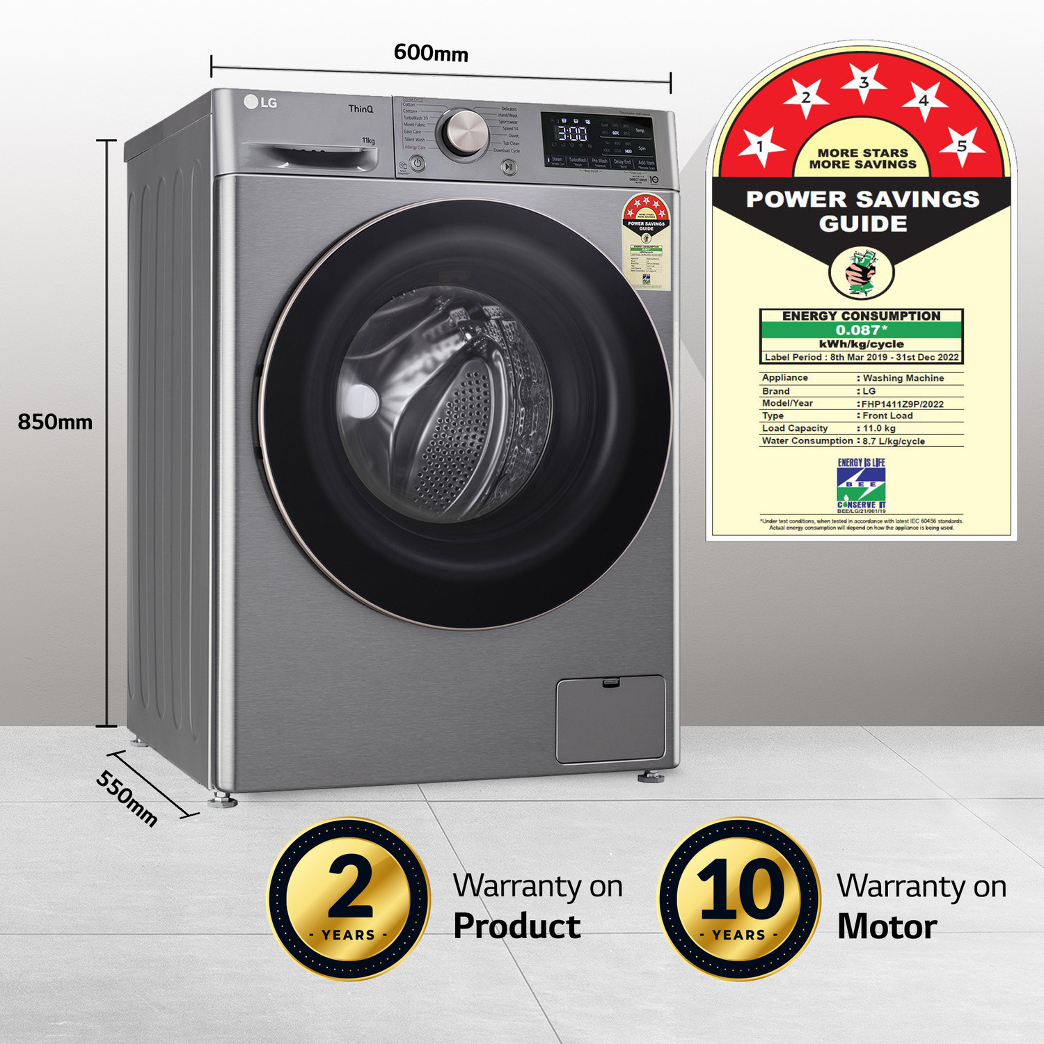 Image of LG 11 kg 5 Star, AI Direct Drive Technology, 6 Motion DD, Steam, Wi-Fi Enabled, Wrinkle Care Fully Automatic Front Load Washing Machine Silver (FHP1411Z9P)