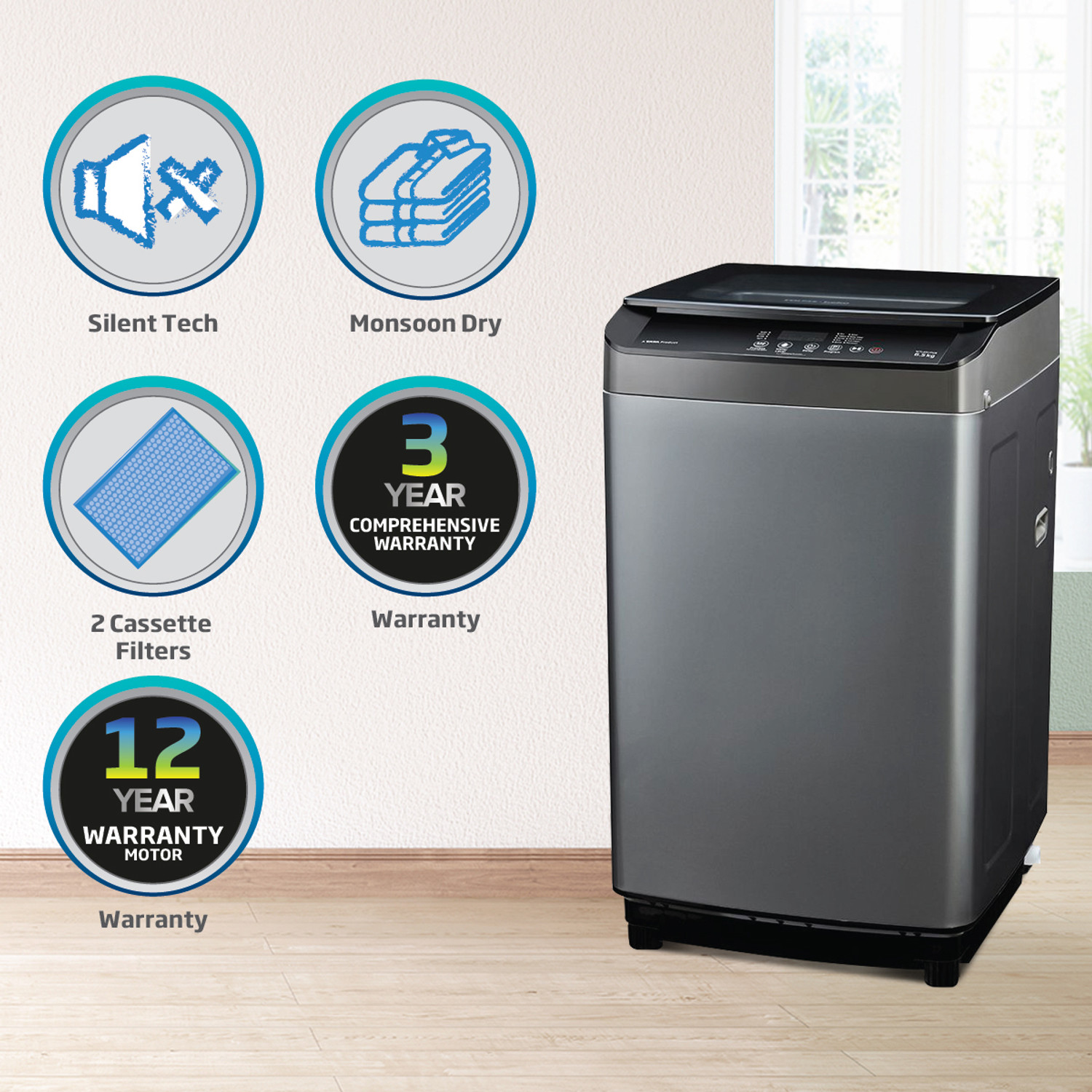 Image of Voltas Beko by A Tata Product 8 kg with Double waterfall, Monsoon dry and Waterproof IPX4 panel Fully Automatic Top Load Washing Machine Grey