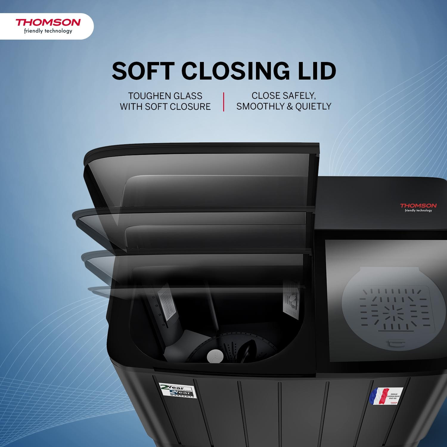 Image of Thomson 12 kg 5 Star Aqua Magic Toughen Glass with soft closure, Double Waterfall, Detergent Box,� Water Level Selector, 3D Rollers Technology, Collar Scrubber, Turbo Dry Technology, Semi Automatic Top Load Washing Machine Black