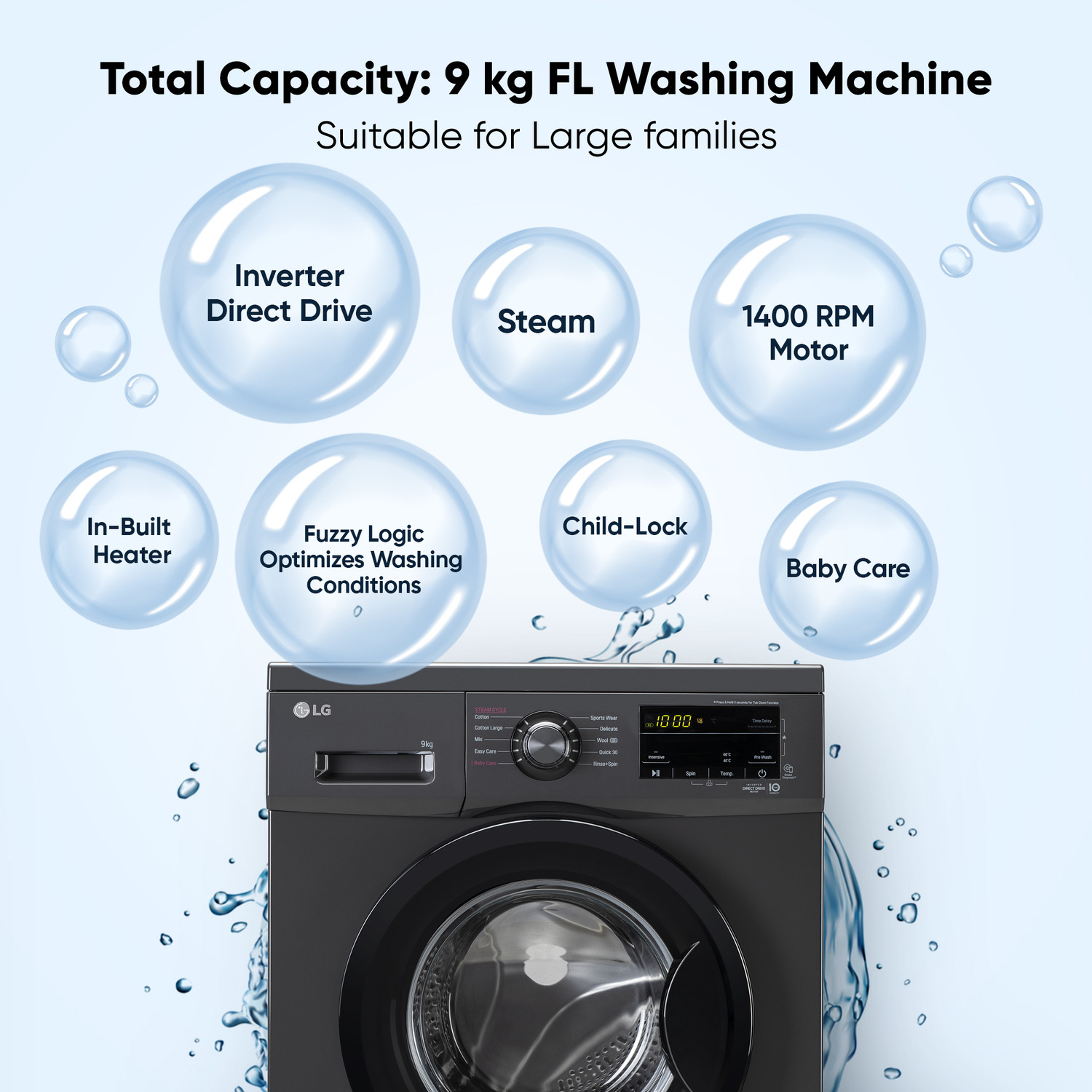 Image of LG 9 kg 5 Star with Steam, Inverter Direct Drive, 6 Motion Direct Drive, Touch Panel and 1400 RPM Fully Automatic Front Load Washing Machine with In-built Heater Black