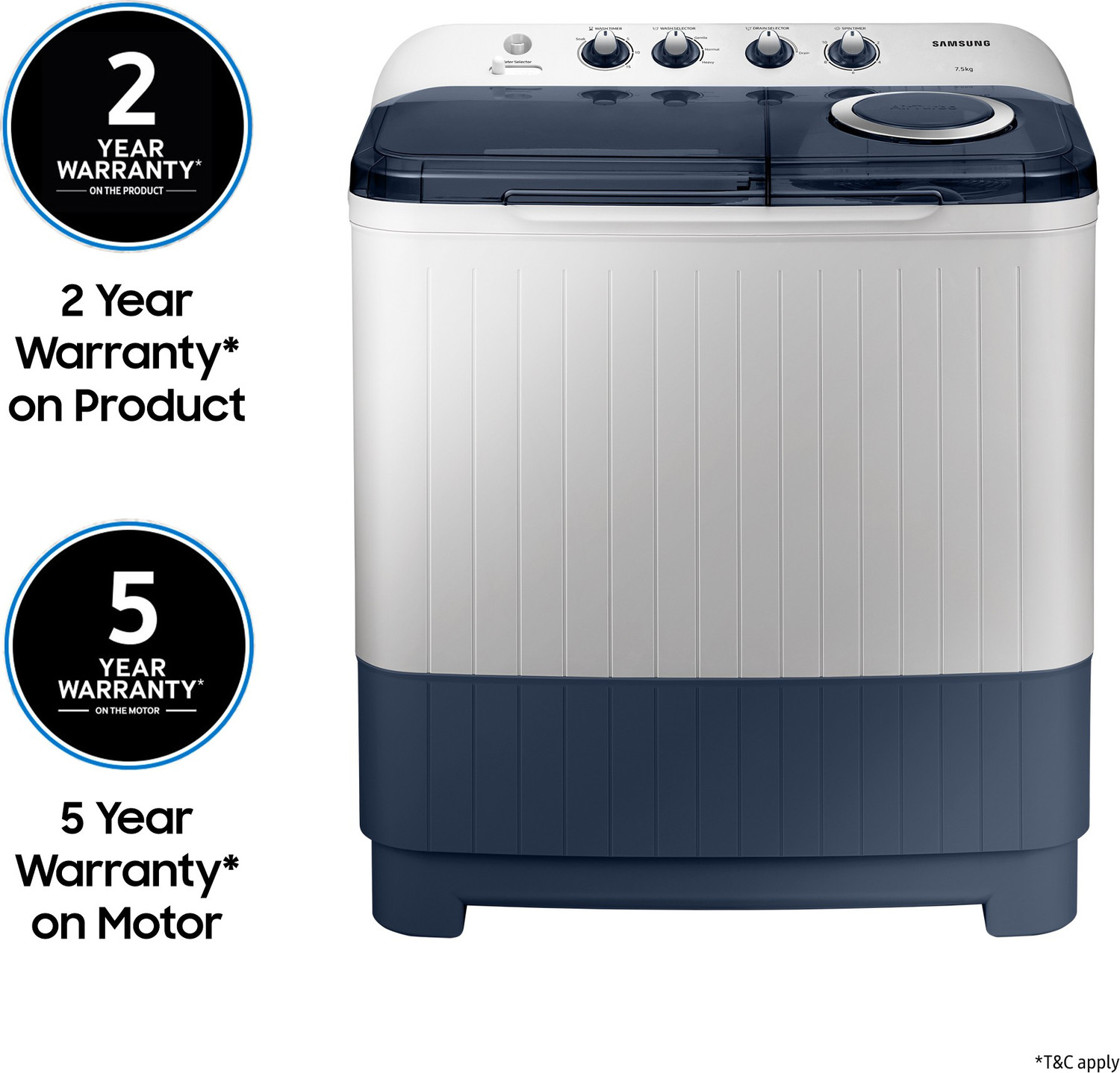 Image of Samsung 7.5 kg 5 star, Air Turbo Drying Semi Automatic Top Load Washing Machine Blue, Grey