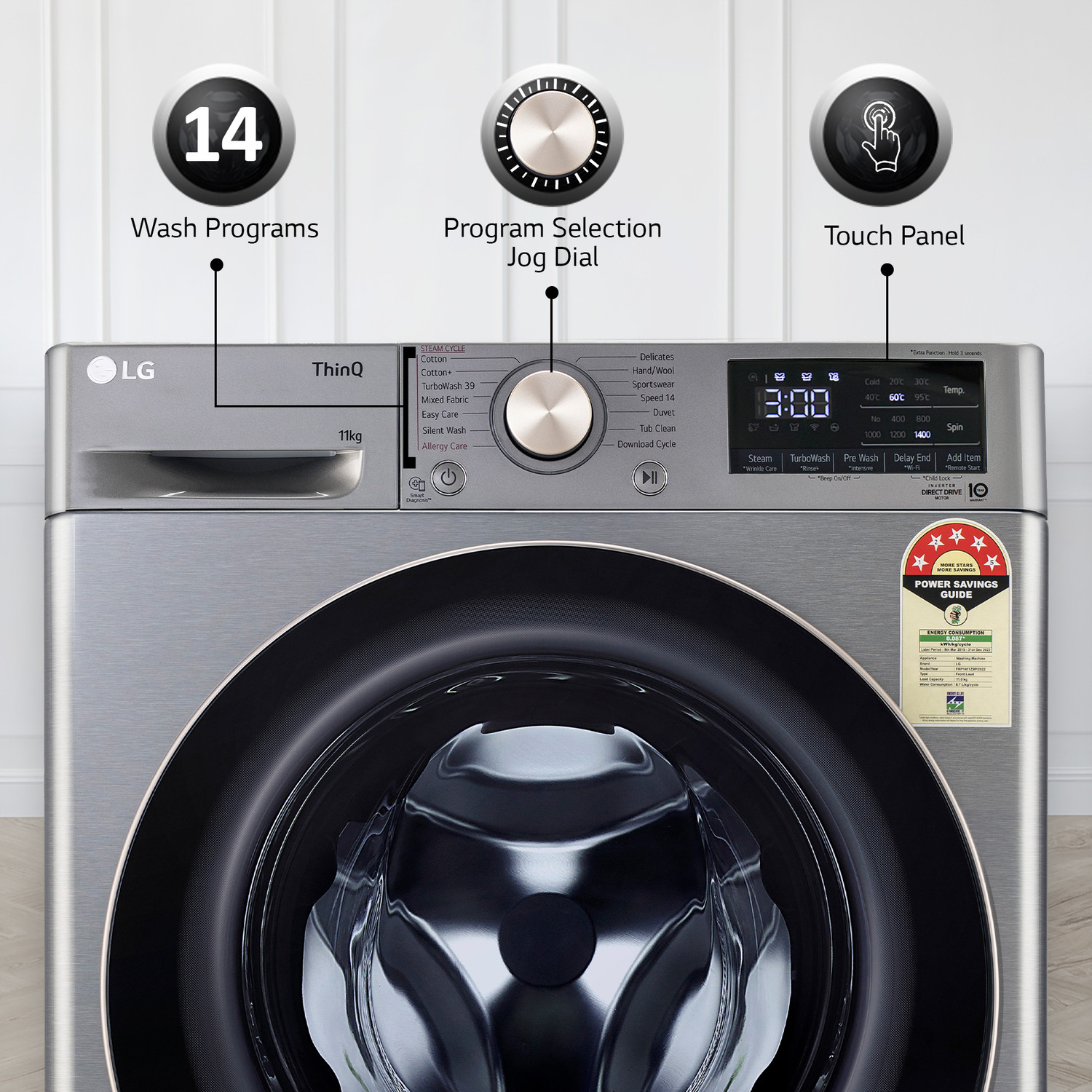 Image of LG 11 kg 5 Star, AI Direct Drive Technology, 6 Motion DD, Steam, Wi-Fi Enabled, Wrinkle Care Fully Automatic Front Load Washing Machine Silver (FHP1411Z9P)
