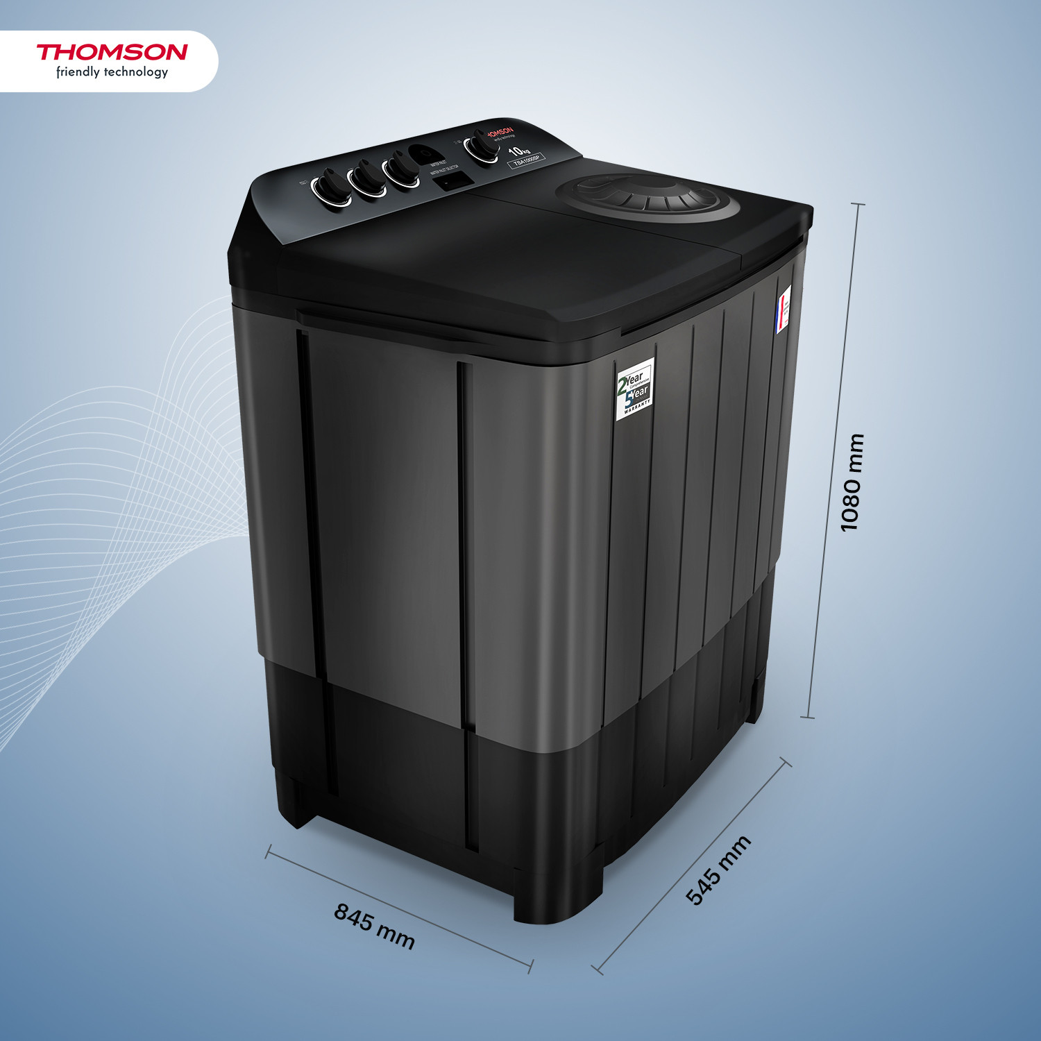 Image of Thomson 10 kg 5 Star Aqua Magic with Double Waterfall, Detergent Box, 3D Rollers Technology, Magic Filter, Collar Scrubber, Turbo Dry Technology, Semi Automatic Top Load Washing Machine Black