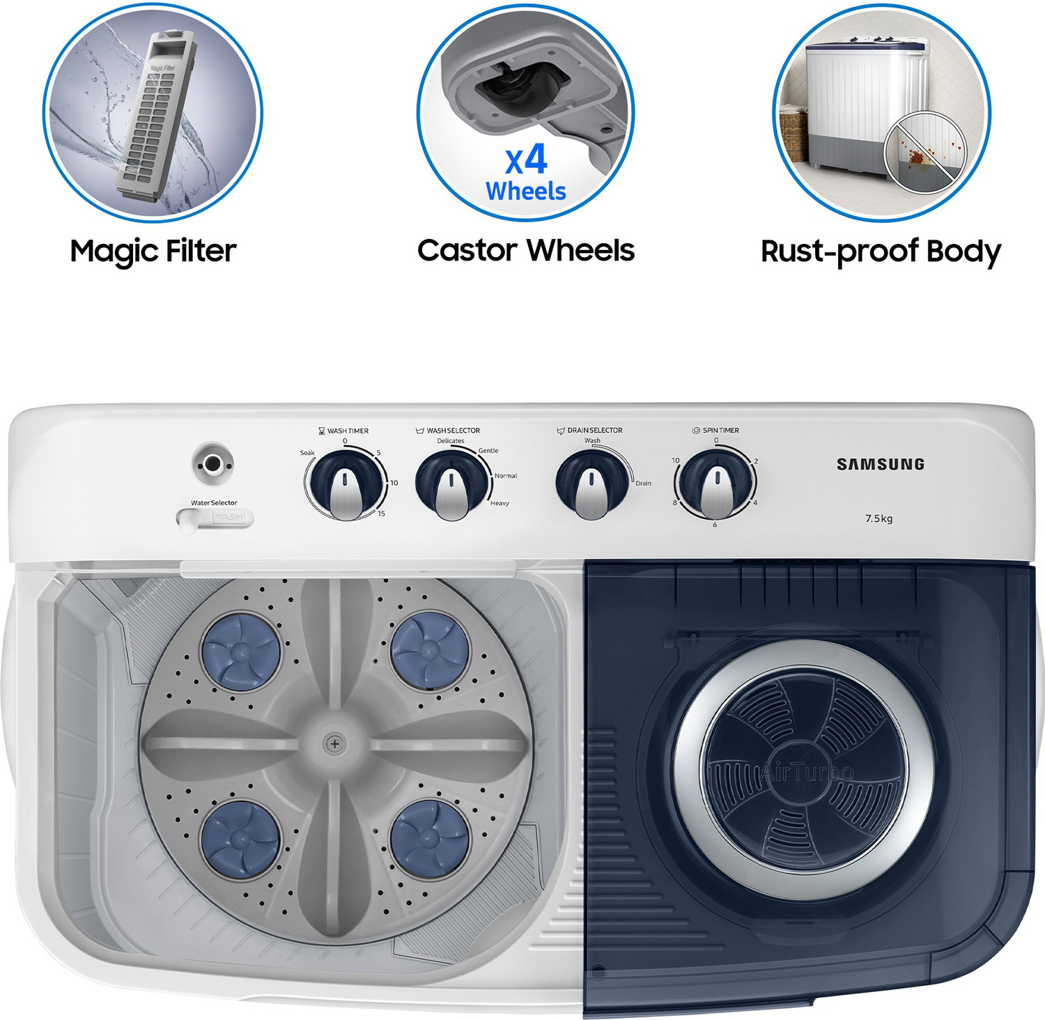 Image of Samsung 7.5 kg 5 star, Air Turbo Drying Semi Automatic Top Load Washing Machine Blue, Grey