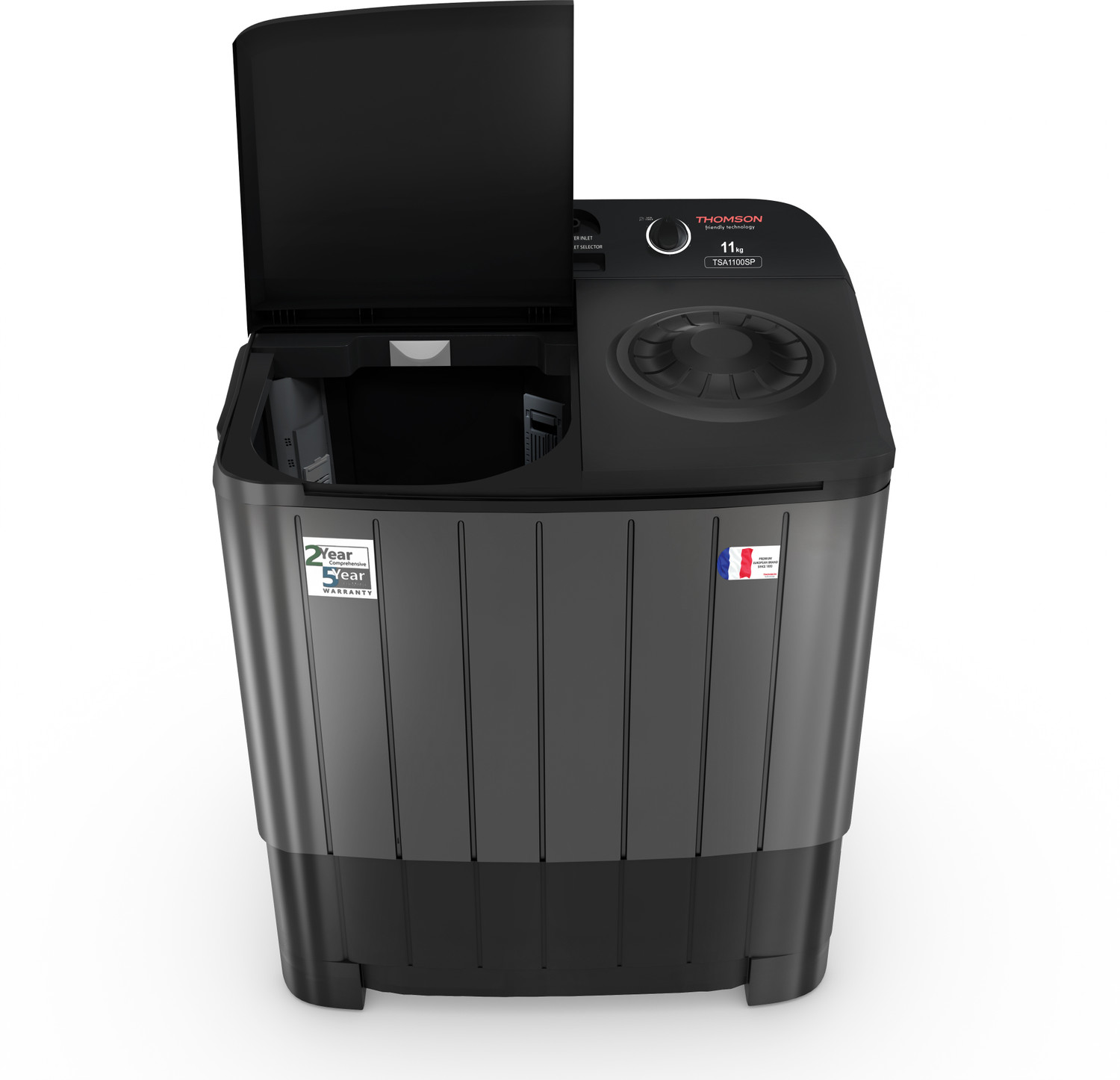 Image of Thomson 11 kg 5 Star Aqua Magic with Double Waterfall, Detergent Box, 3D Rollers Technology, Magic Filter, Collar Scrubber, Turbo Dry Technology, Semi Automatic Top Load Black, Semi Automatic Top Load Washing Machine Black, Grey