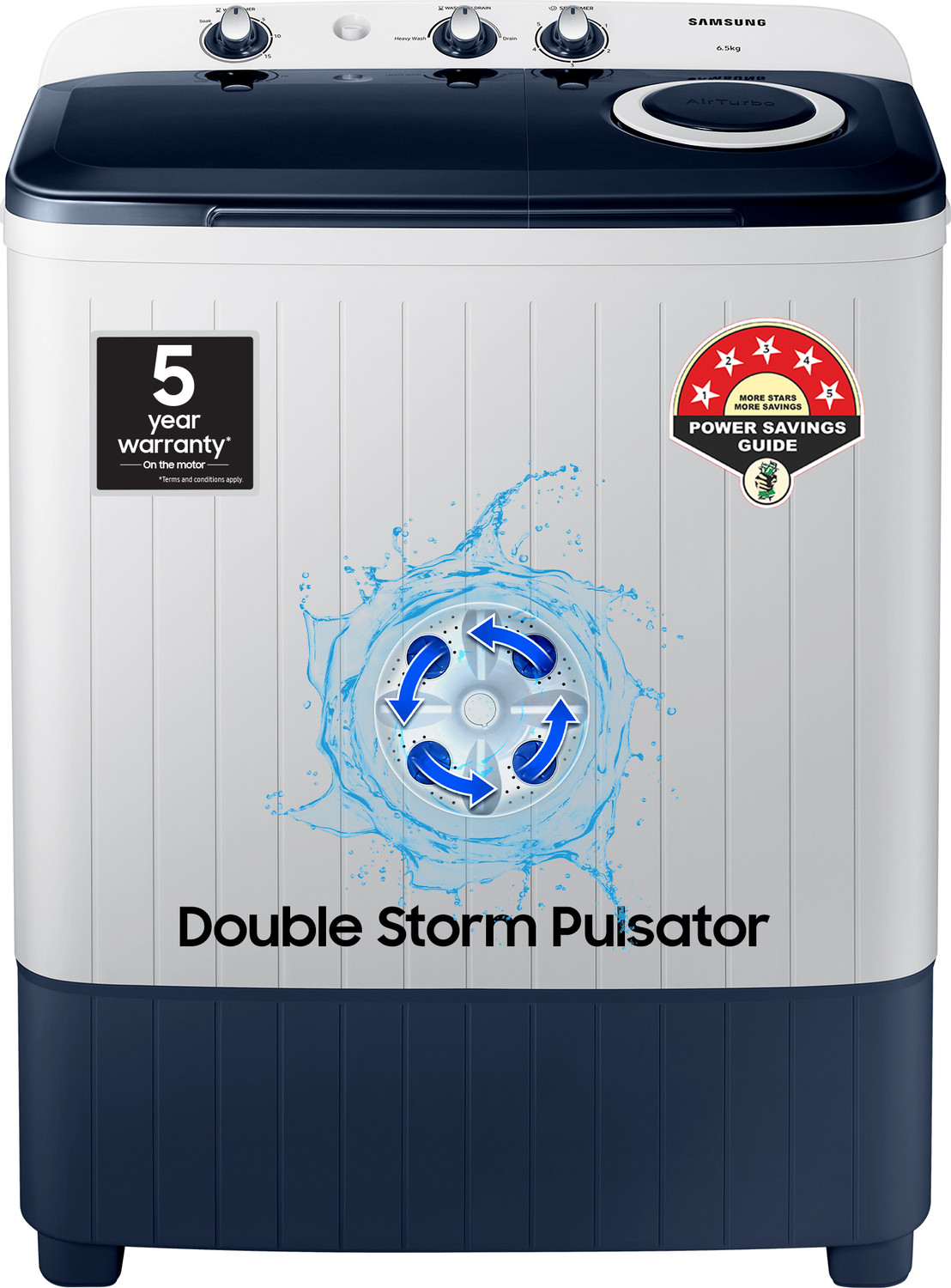 Image of Samsung 6.5 kg 5 star, Air Turbo Drying Semi Automatic Top Load Washing Machine Blue, Grey