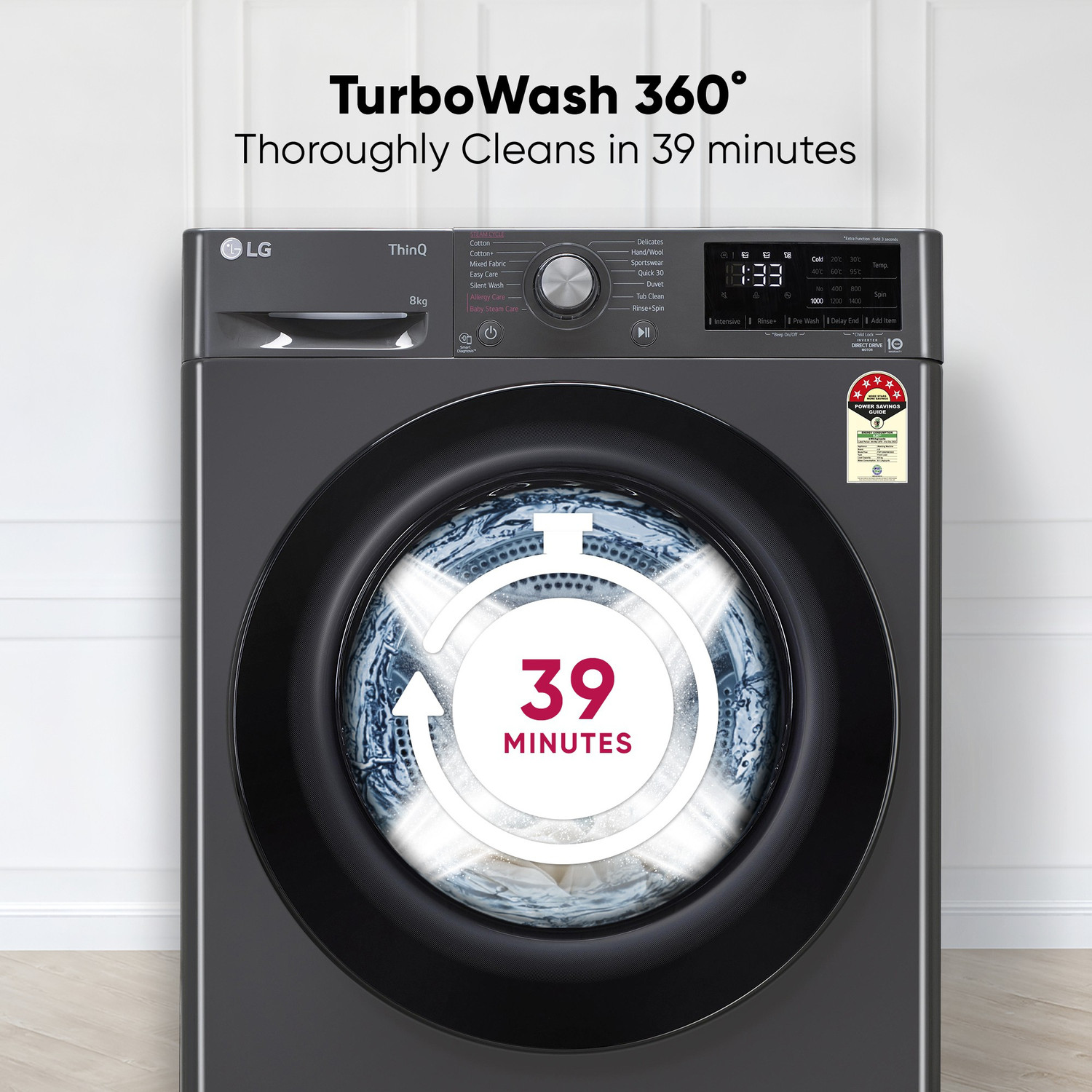 Image of LG 8 kg Wi-Fi Enabled Fully Automatic Front Load Washing Machine with In-built Heater Black, Grey (FHP1208Z5M)