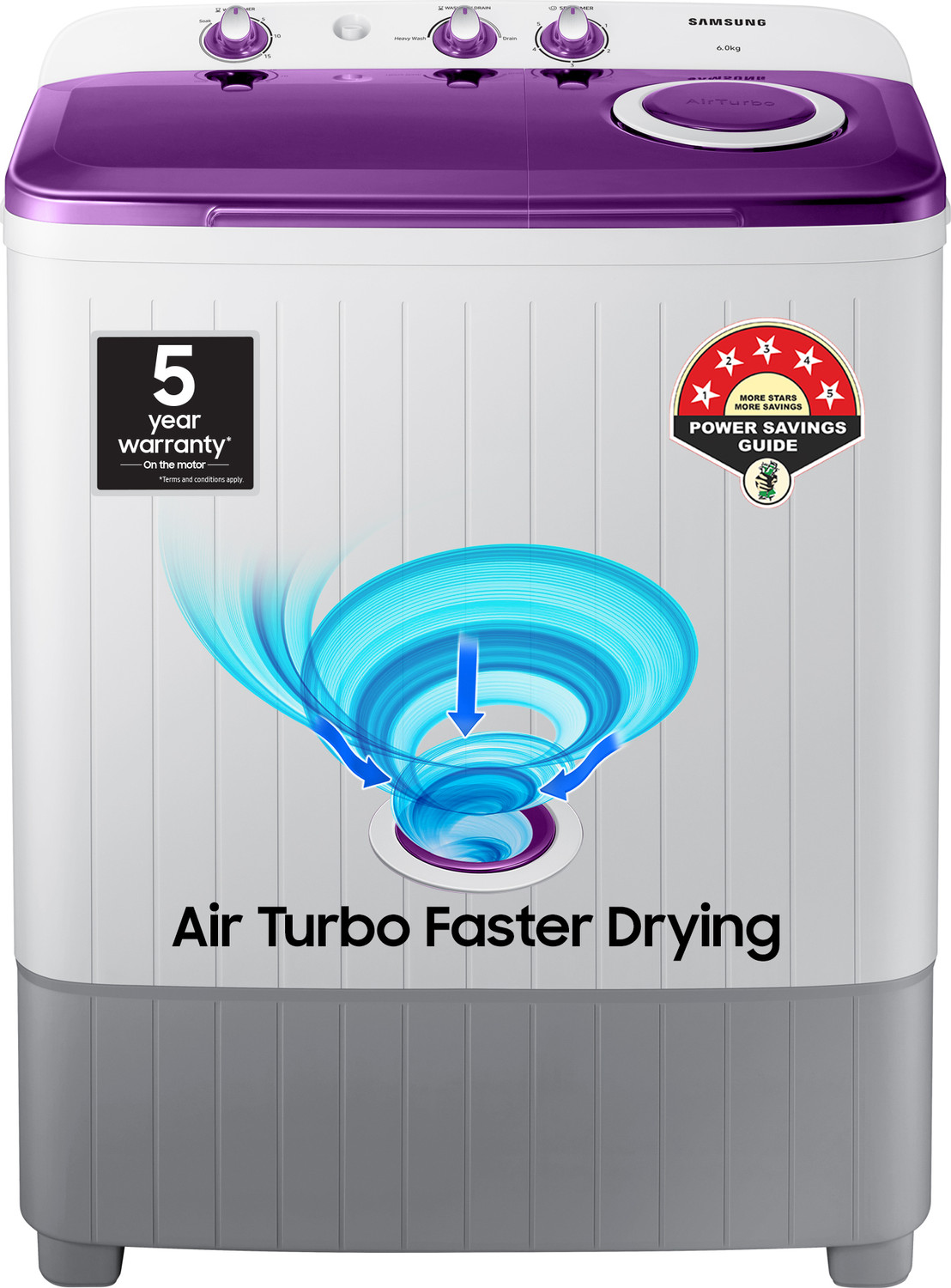 Image of Samsung 6 kg 5 star,Air Turbo Drying Semi Automatic Top Load Washing Machine White, Grey, Purple