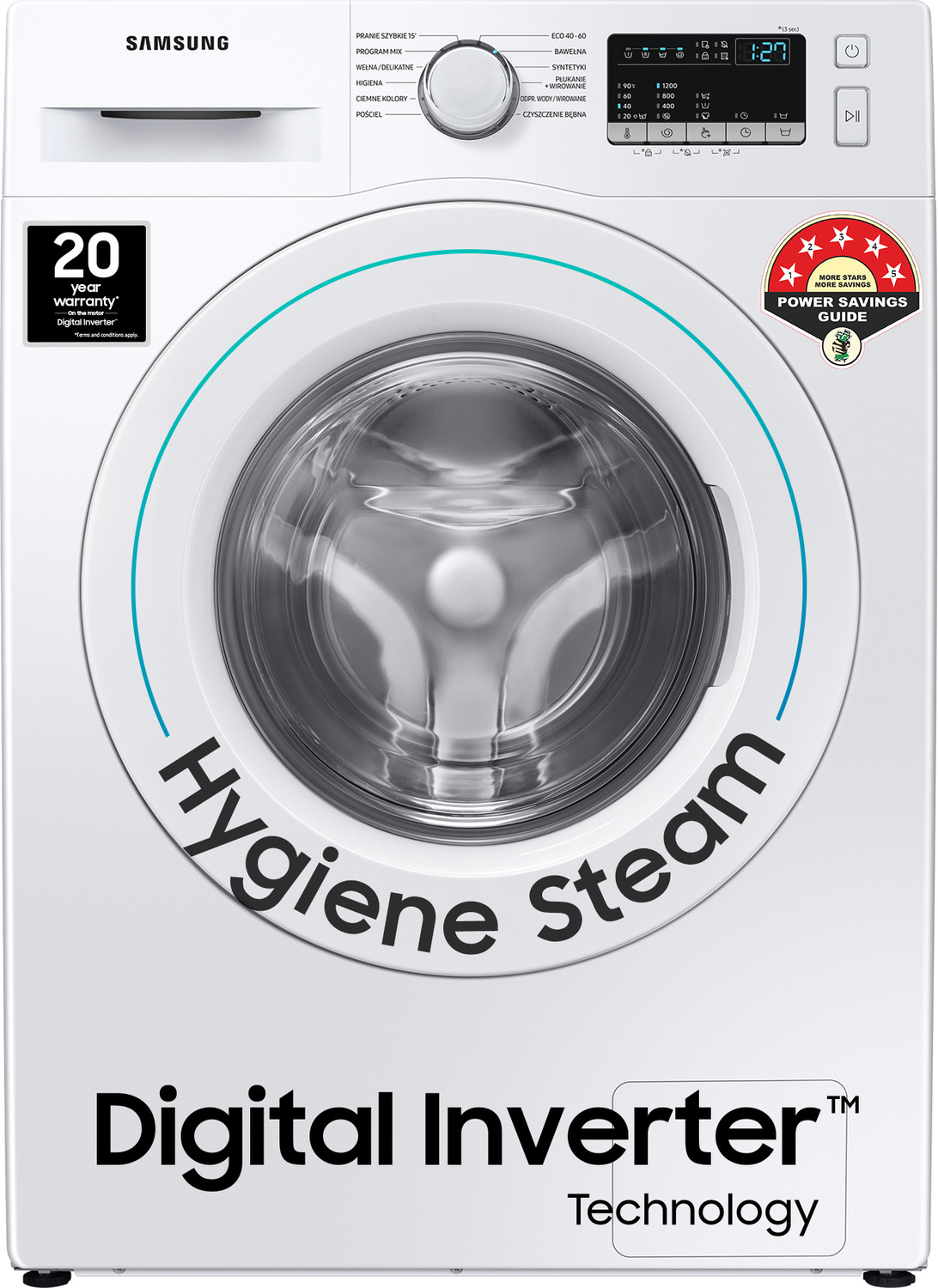 Image of Samsung 7 kg 5 Star, Inverter, Hygiene Steam Diamond Drum Fully Automatic Front Load Washing Machine with In-built Heater White