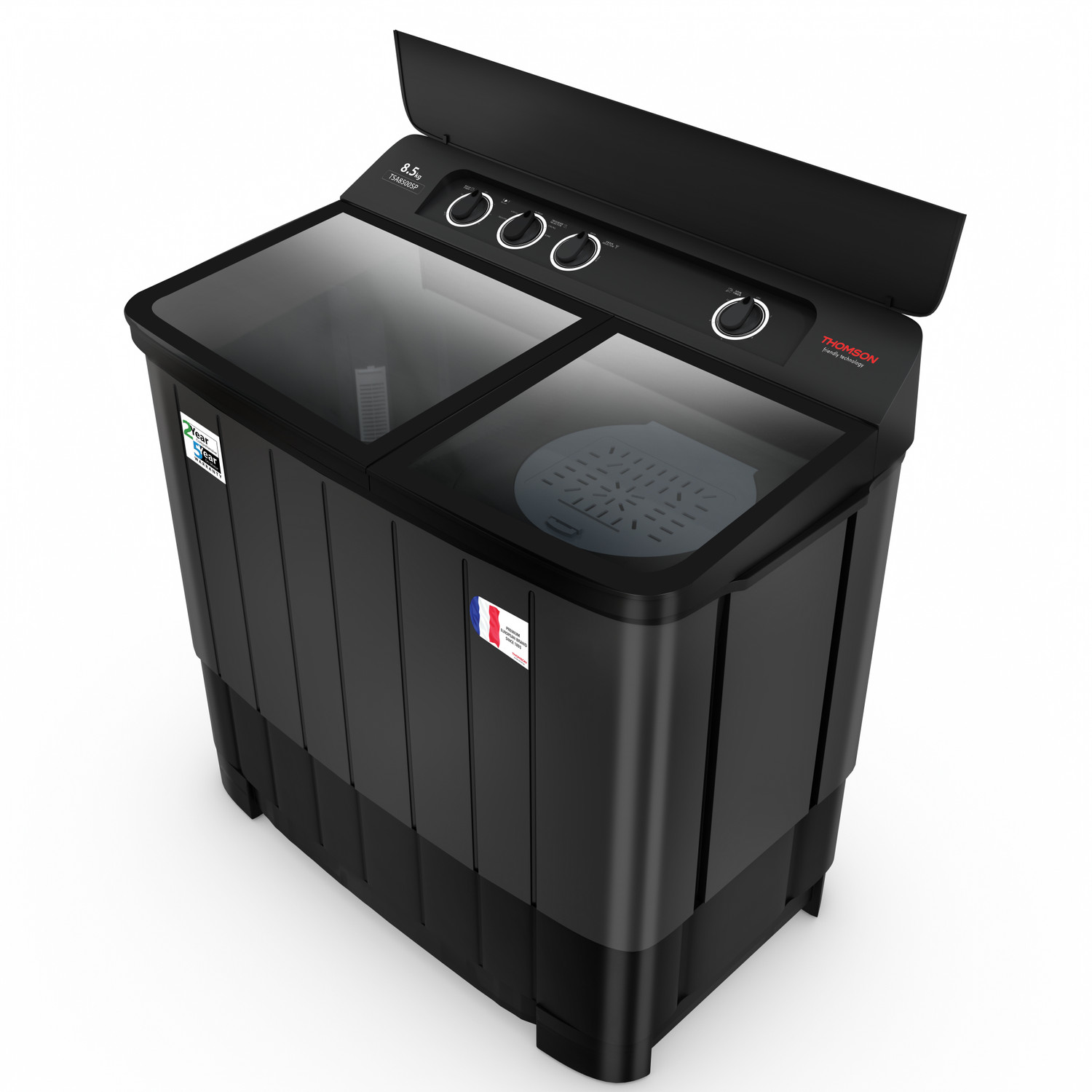 Image of Thomson 12 kg 5 Star Aqua Magic Toughen Glass with soft closure, Double Waterfall, Detergent Box,� Water Level Selector, 3D Rollers Technology, Collar Scrubber, Turbo Dry Technology, Semi Automatic Top Load Washing Machine Black