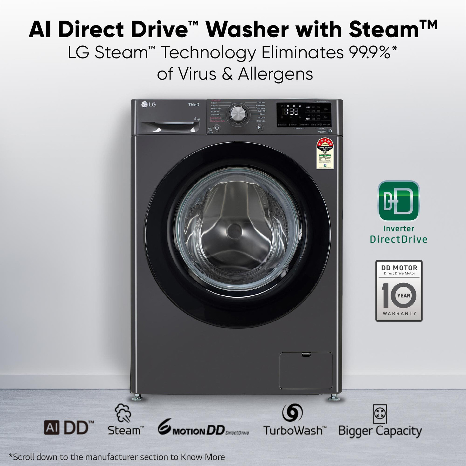 Image of LG 8 kg 5 Star, AI Direct Drive Technology, Steam, 6 Motion DD Fully Automatic Front Load Washing Machine Black (FHP1208Z3M)