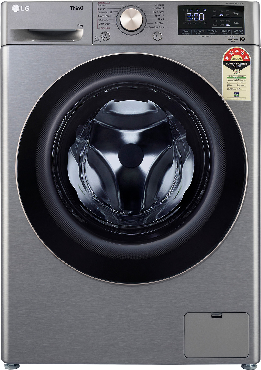 Image of LG 11 kg 5 Star, AI Direct Drive Technology, 6 Motion DD, Steam, Wi-Fi Enabled, Wrinkle Care Fully Automatic Front Load Washing Machine Silver (FHP1411Z9P)