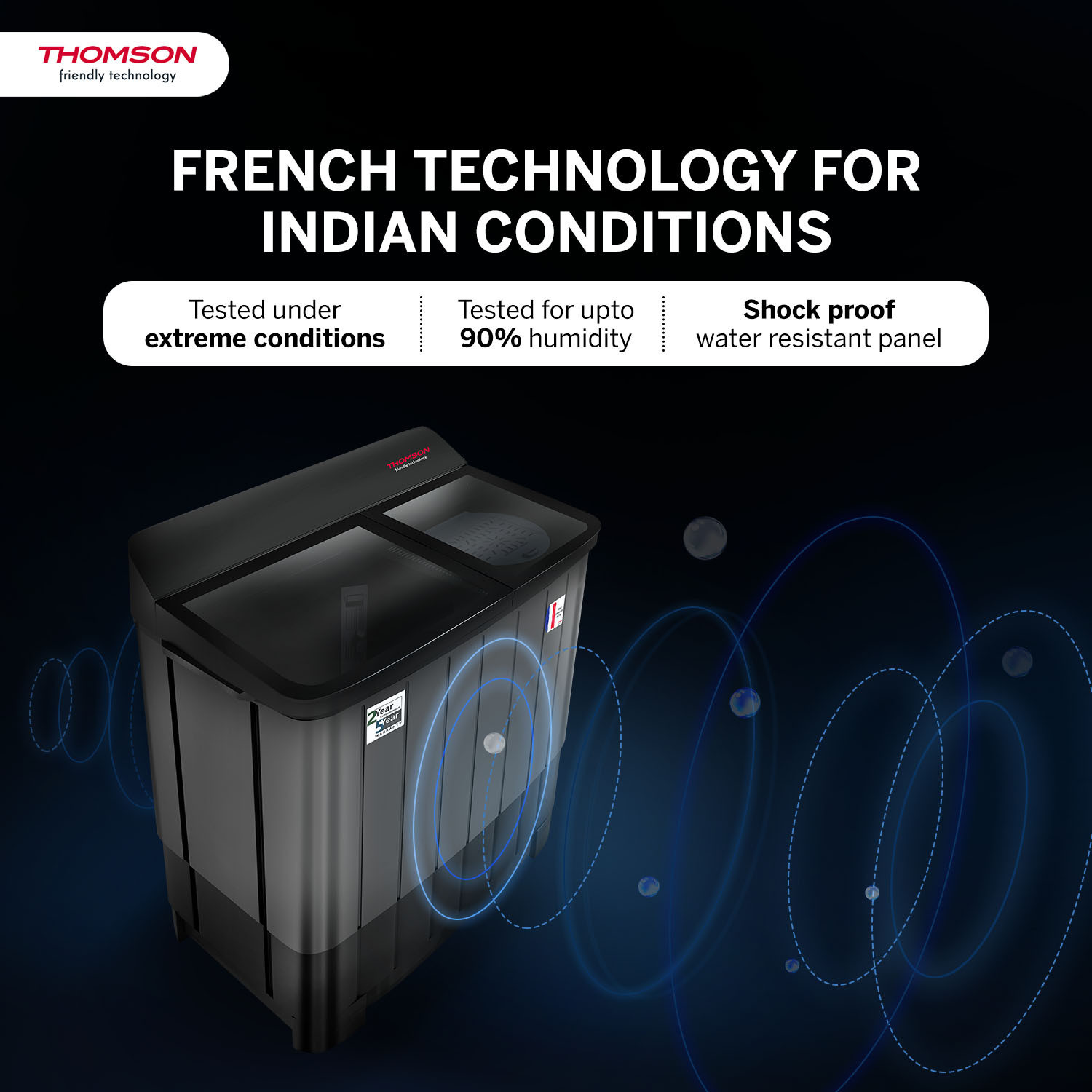 Image of Thomson 12 kg 5 Star Aqua Magic Toughen Glass with soft closure, Double Waterfall, Detergent Box,� Water Level Selector, 3D Rollers Technology, Collar Scrubber, Turbo Dry Technology, Semi Automatic Top Load Washing Machine Black