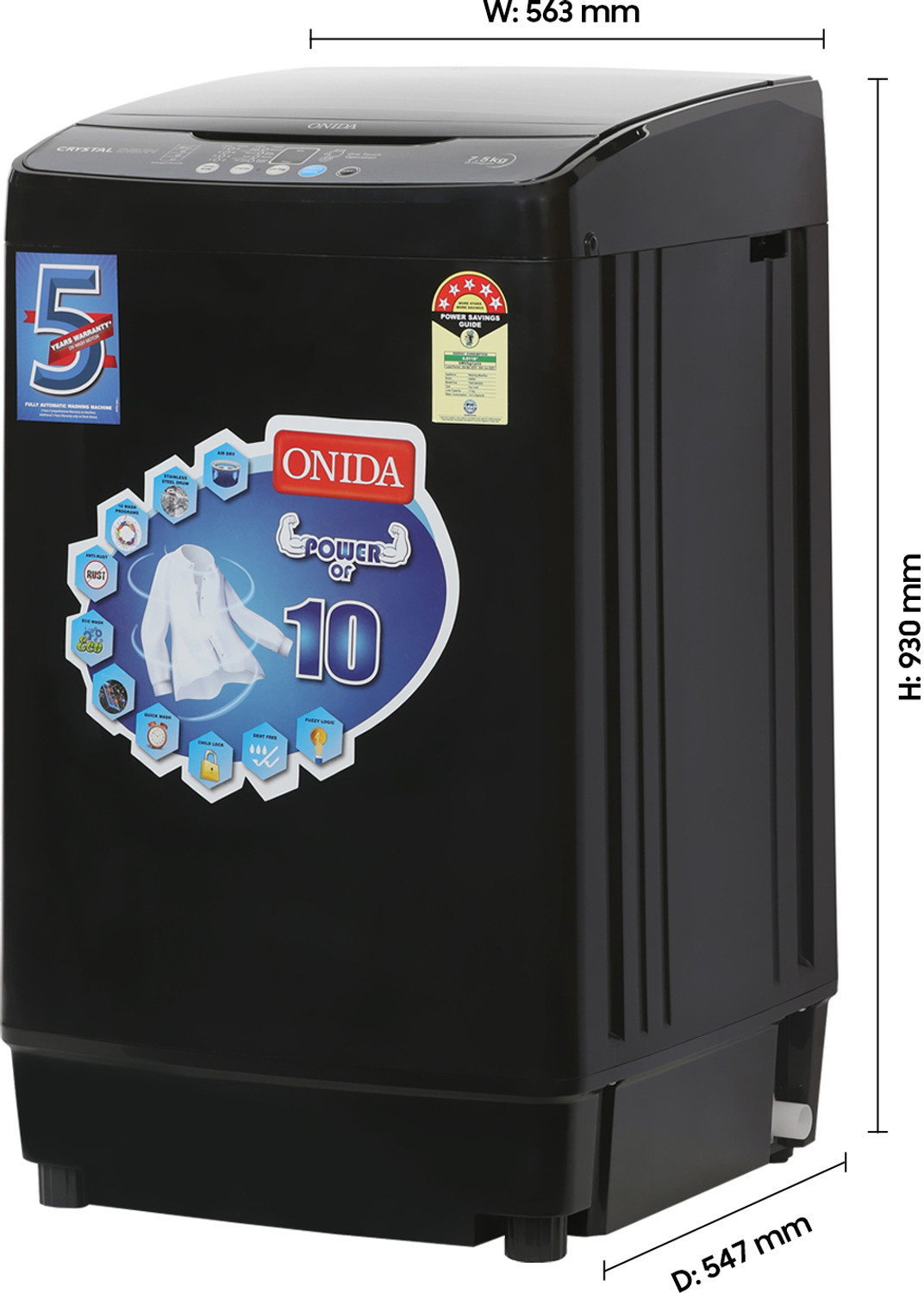 Image of ONIDA 7.5 kg 5 Star Dual Action Pulsator Quadra Scrub Fully Automatic Top Load Washing Machine Black