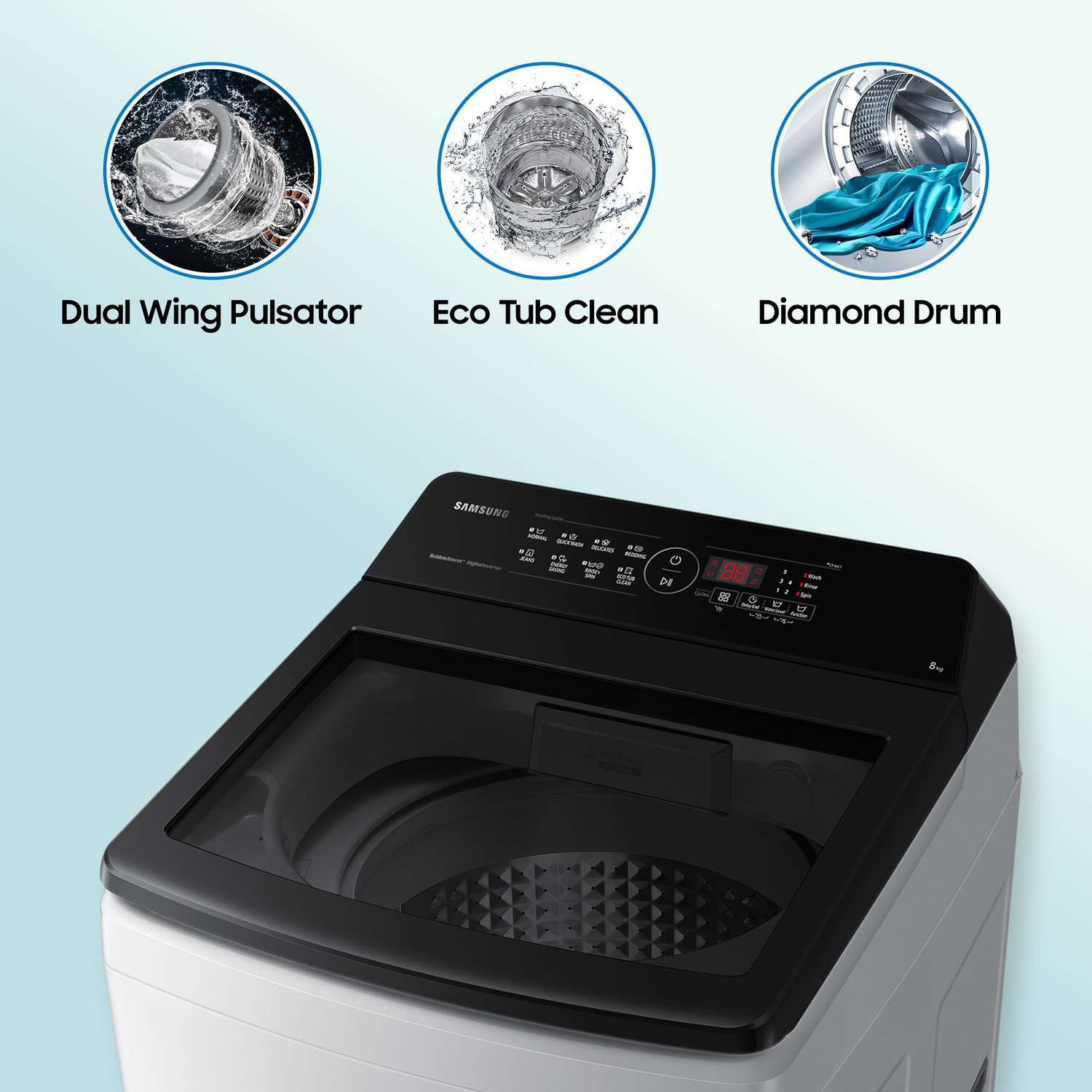Image of Samsung 8 kg 5 star, Ecobubble, Soft Closing Door, Digital Inverter Fully Automatic Top Load Washing Machine Grey