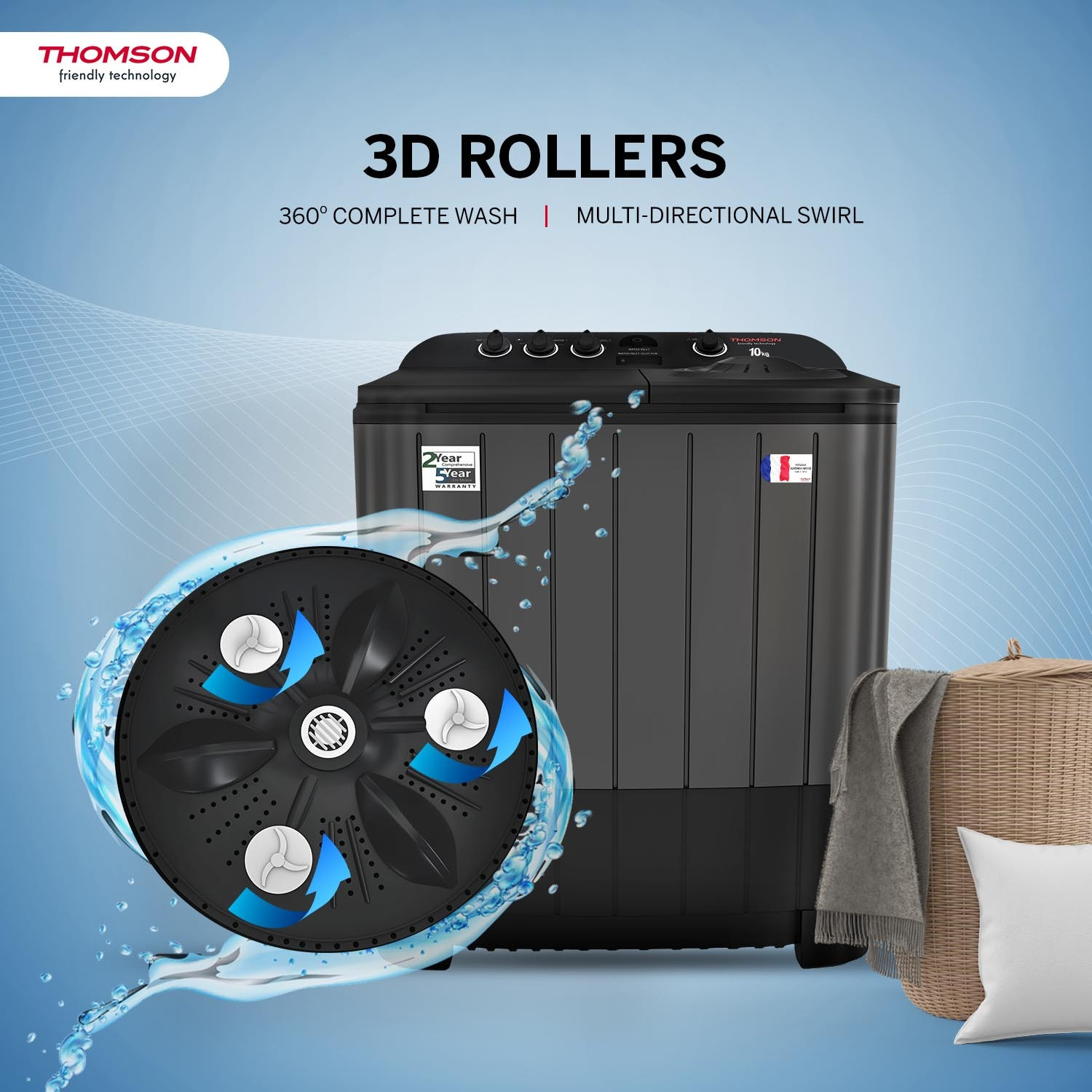 Image of Thomson 10 kg 5 Star Aqua Magic with Double Waterfall, Detergent Box, 3D Rollers Technology, Magic Filter, Collar Scrubber, Turbo Dry Technology, Semi Automatic Top Load Washing Machine Black